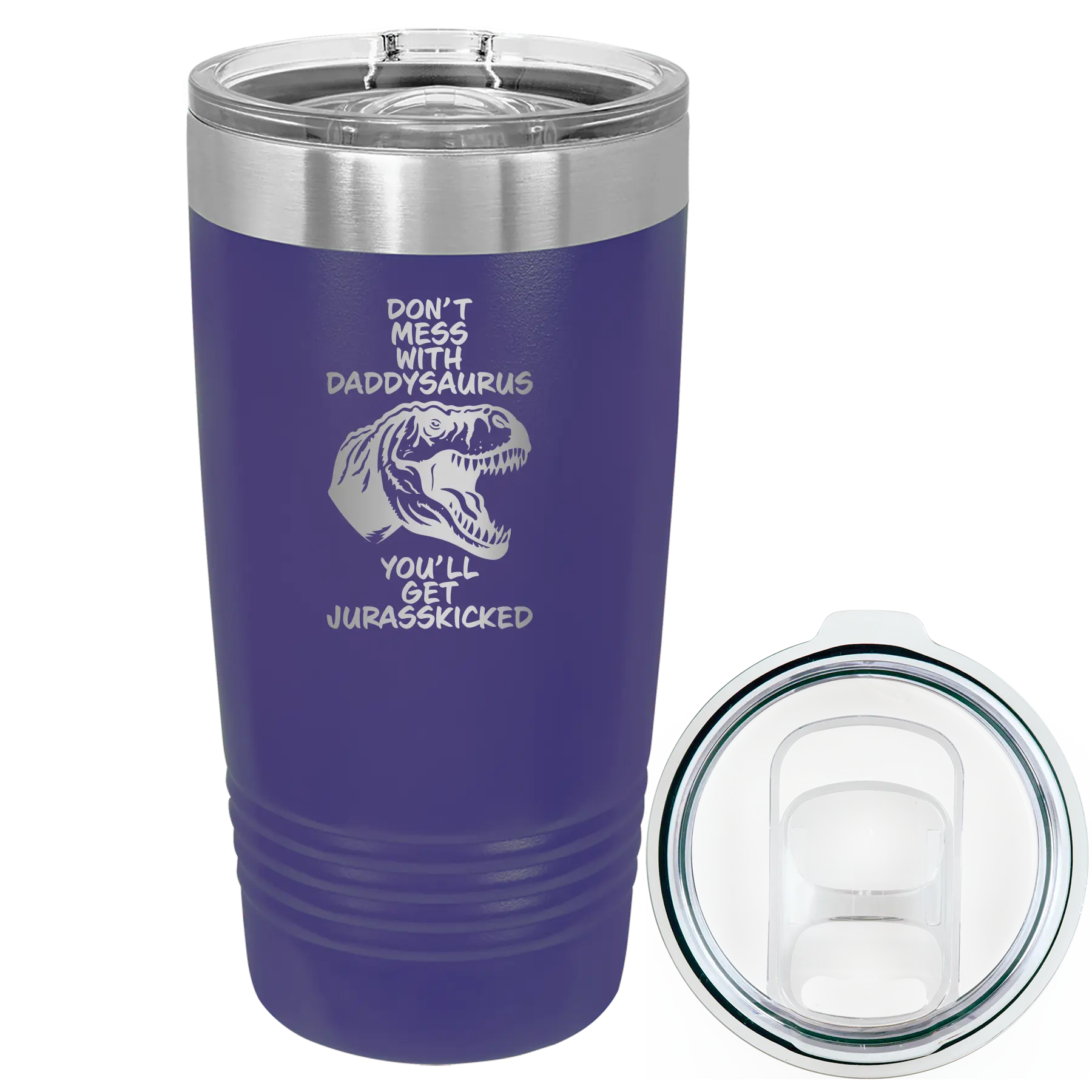 Laser etched purple 20 oz vacuum insulated tumbler with 'Daddysaurus' design