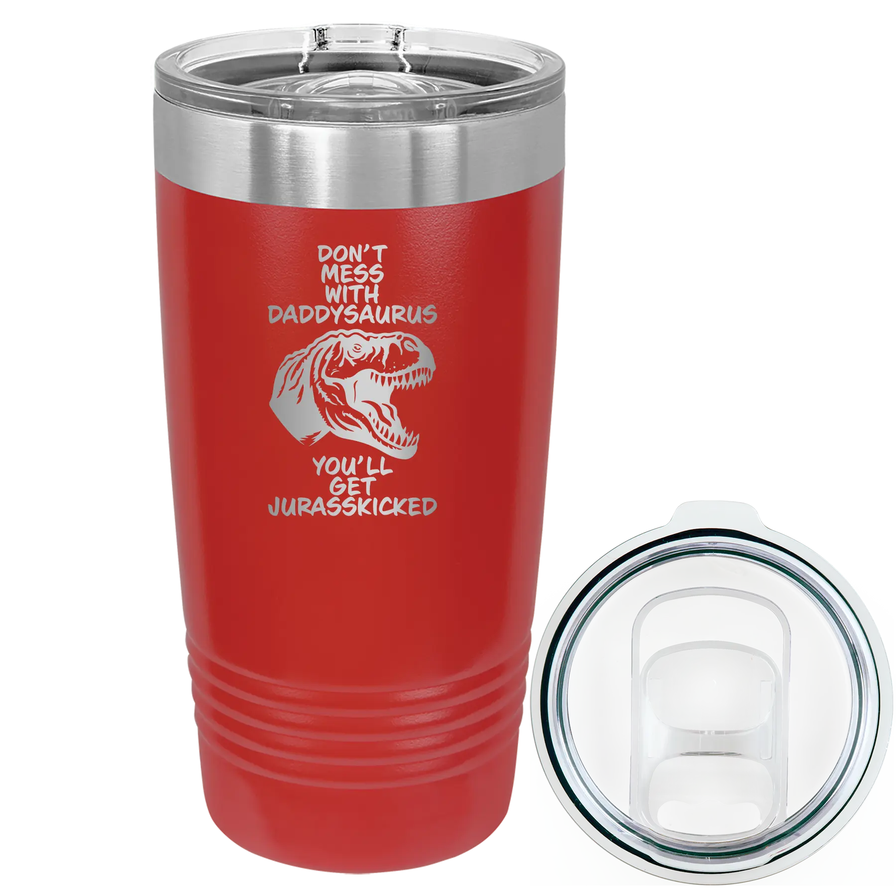 Laser etched red 20 oz vacuum insulated tumbler with 'Daddysaurus' design