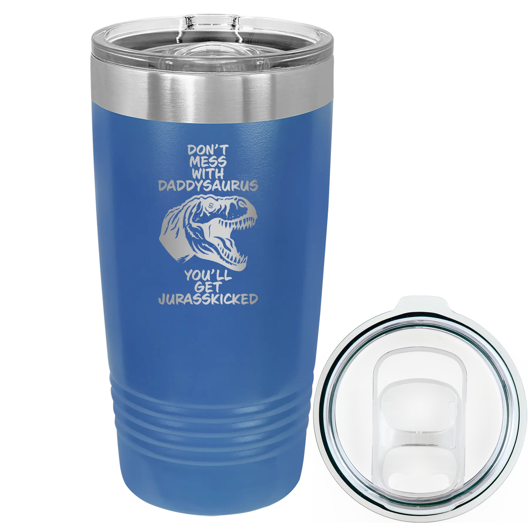 Laser etched royal blue 20 oz vacuum insulated tumbler with 'Daddysaurus' design