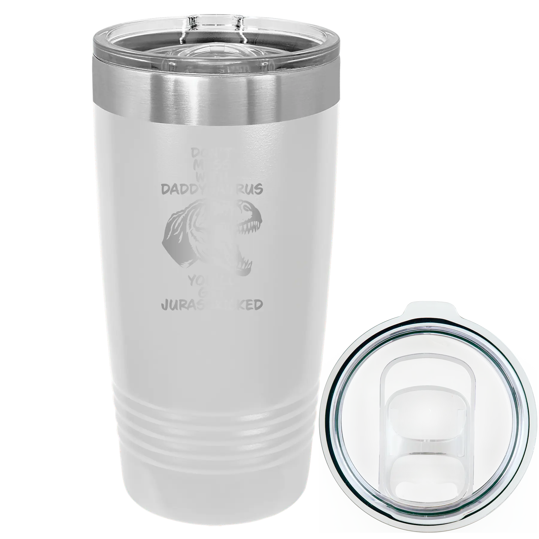 Laser etched white 20 oz vacuum insulated tumbler with 'Daddysaurus' design