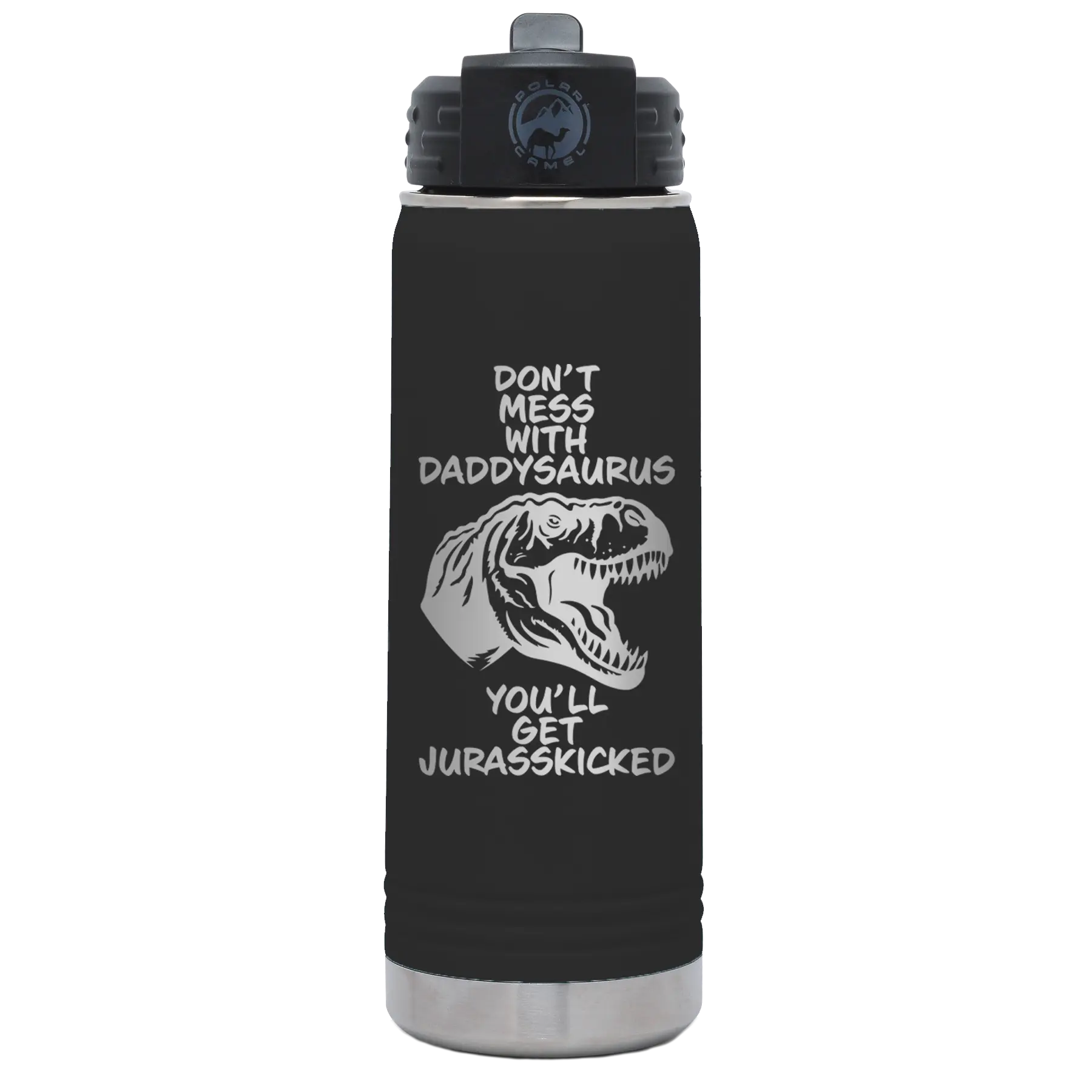 Laser etched black 20 oz vacuum insulated water bottle with 'Daddysaurus' design