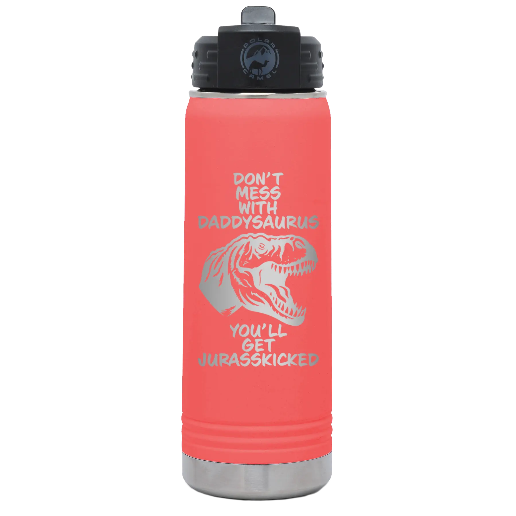 Laser etched coral 20 oz vacuum insulated water bottle with 'Daddysaurus' design