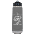 Laser etched dark gray 20 oz vacuum insulated water bottle with 'Daddysaurus' design