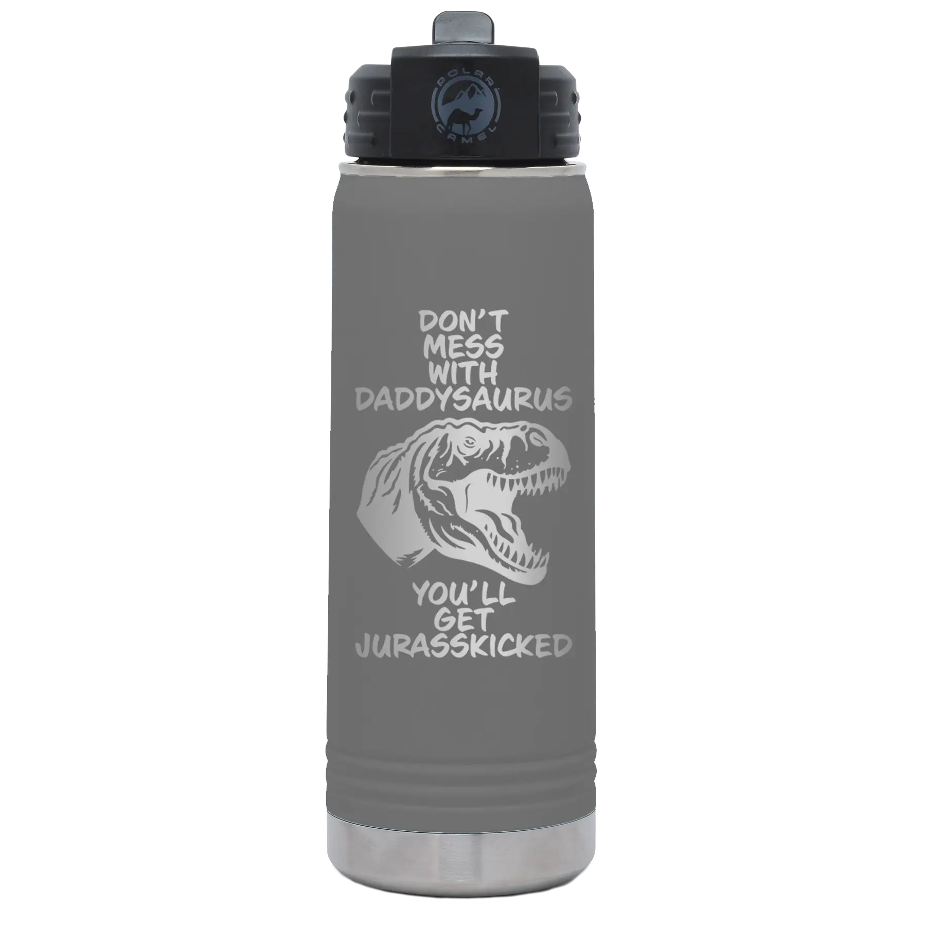 Laser etched dark gray 20 oz vacuum insulated water bottle with 'Daddysaurus' design