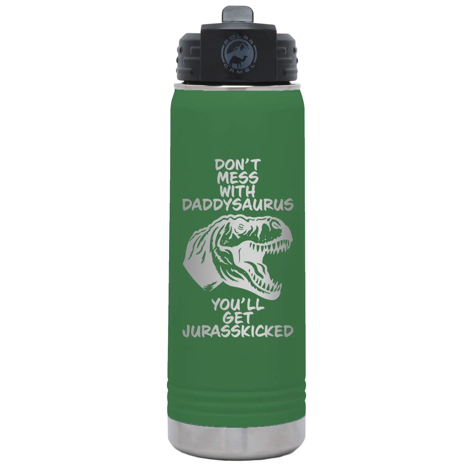 Laser etched green 20 oz vacuum insulated water bottle with 'Daddysaurus' design