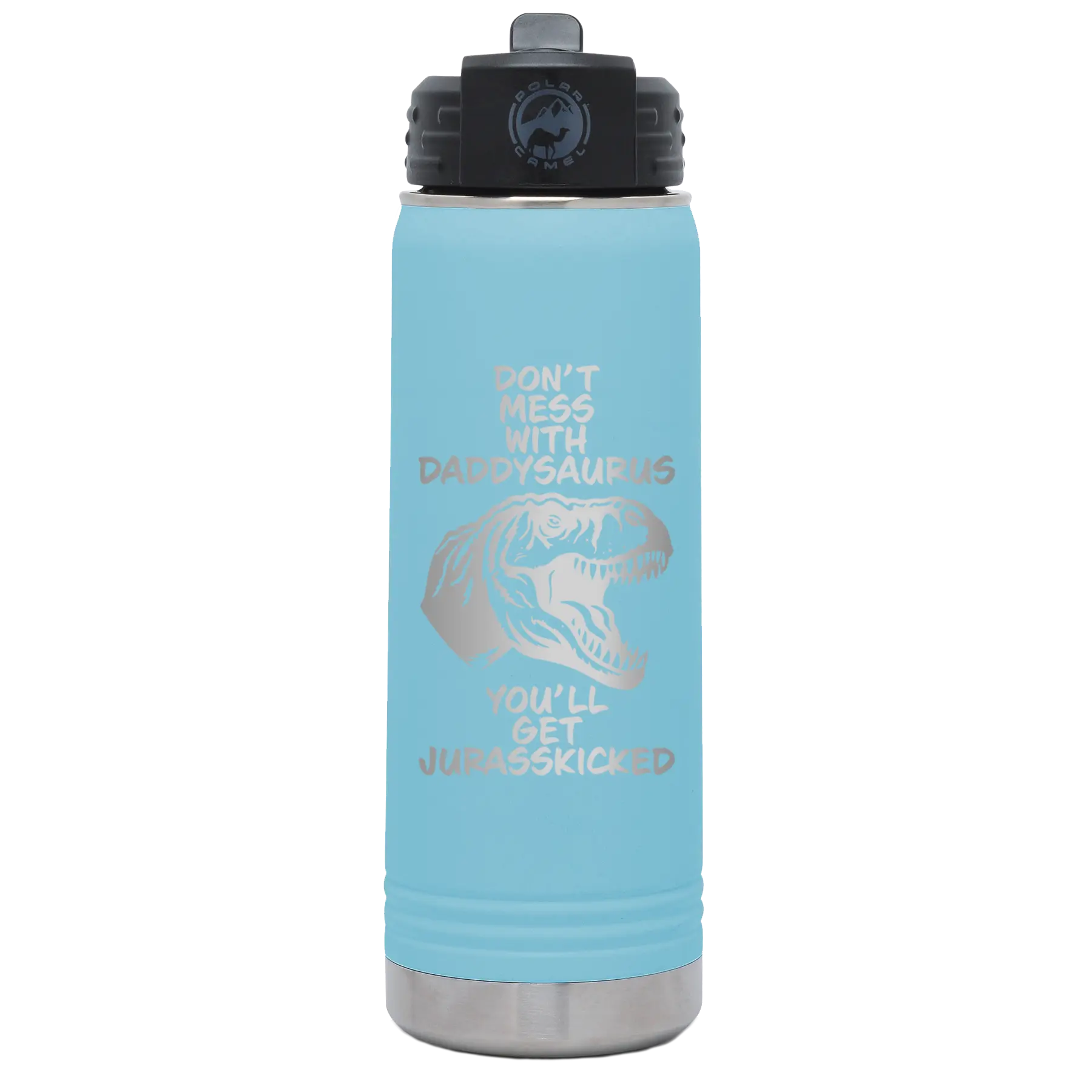 Laser etched light blue 20 oz vacuum insulated water bottle with 'Daddysaurus' design