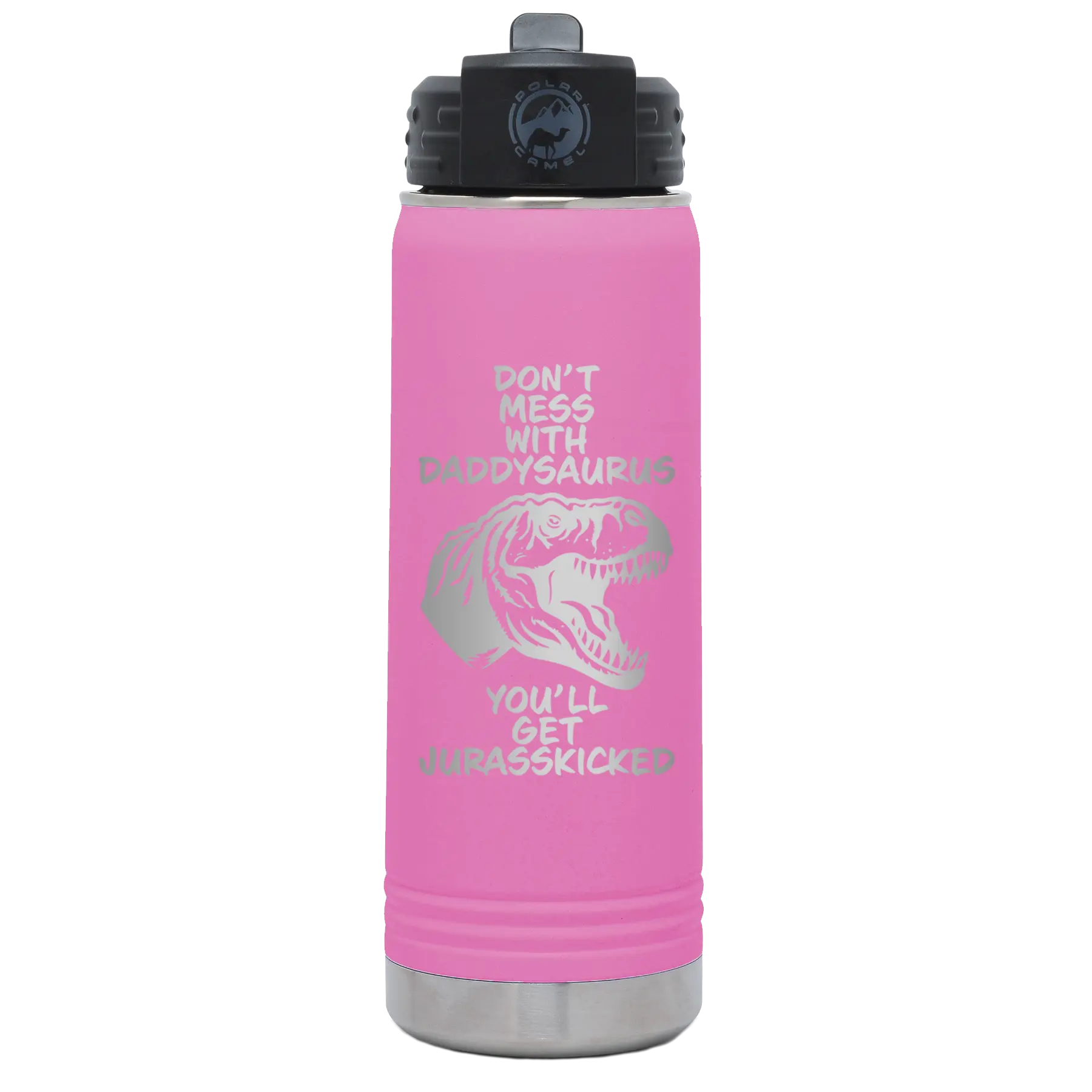 Laser etched light purple 20 oz vacuum insulated water bottle with 'Daddysaurus' design