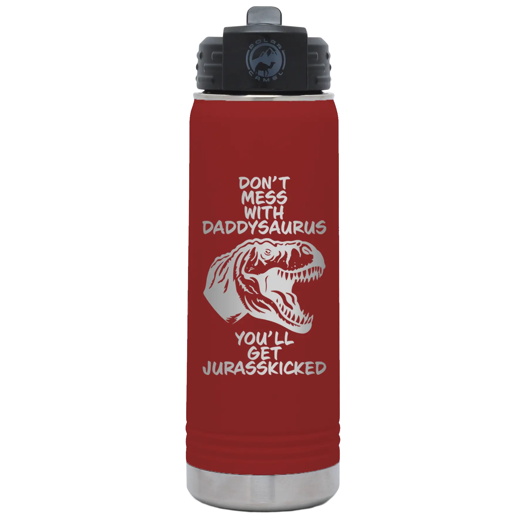 Laser etched maroon 20 oz vacuum insulated water bottle with 'Daddysaurus' design