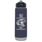 Laser etched navy 20 oz vacuum insulated water bottle with 'Daddysaurus' design
