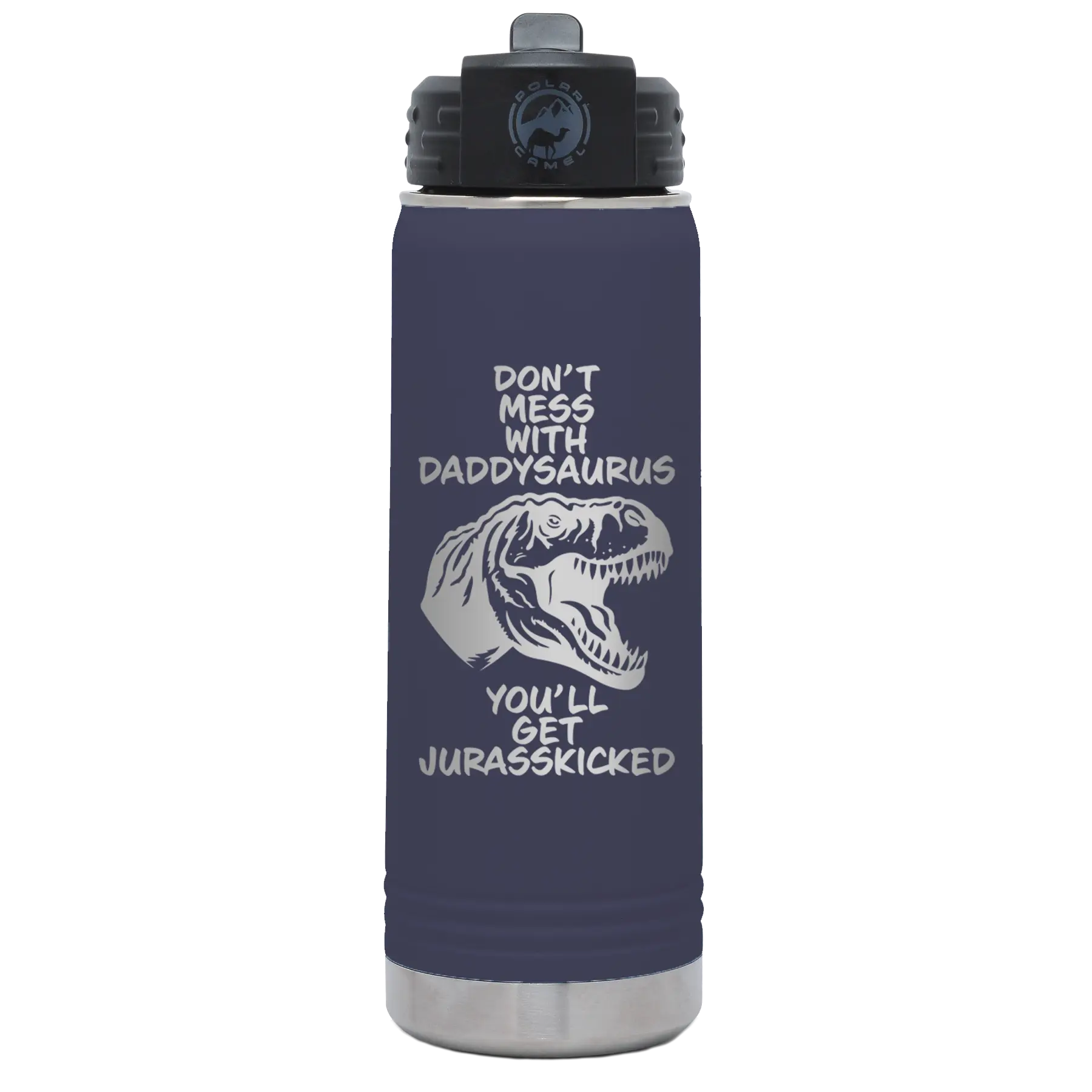 Laser etched navy 20 oz vacuum insulated water bottle with 'Daddysaurus' design