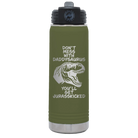 Laser etched olive green 20 oz vacuum insulated water bottle with 'Daddysaurus' design