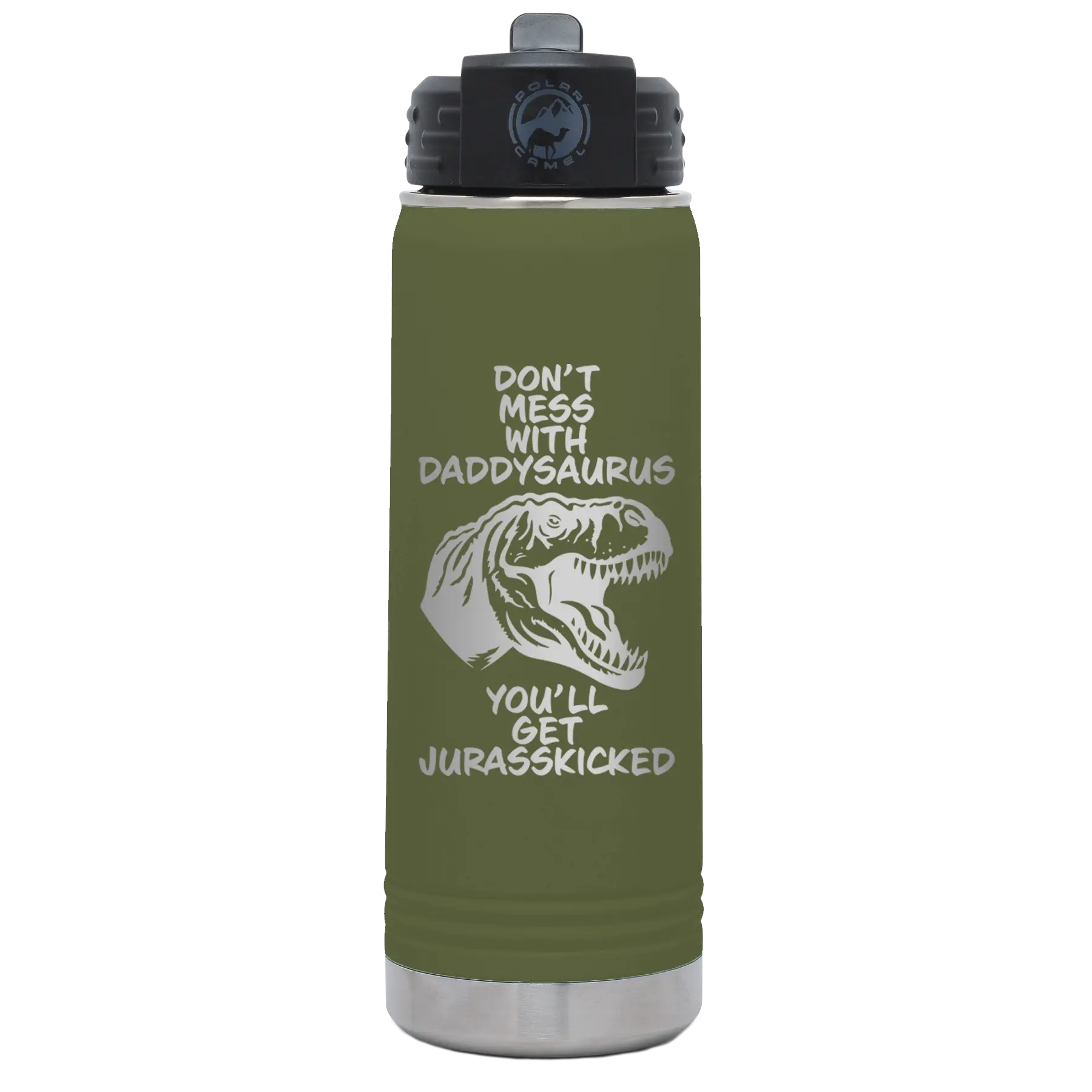 Laser etched olive green 20 oz vacuum insulated water bottle with 'Daddysaurus' design
