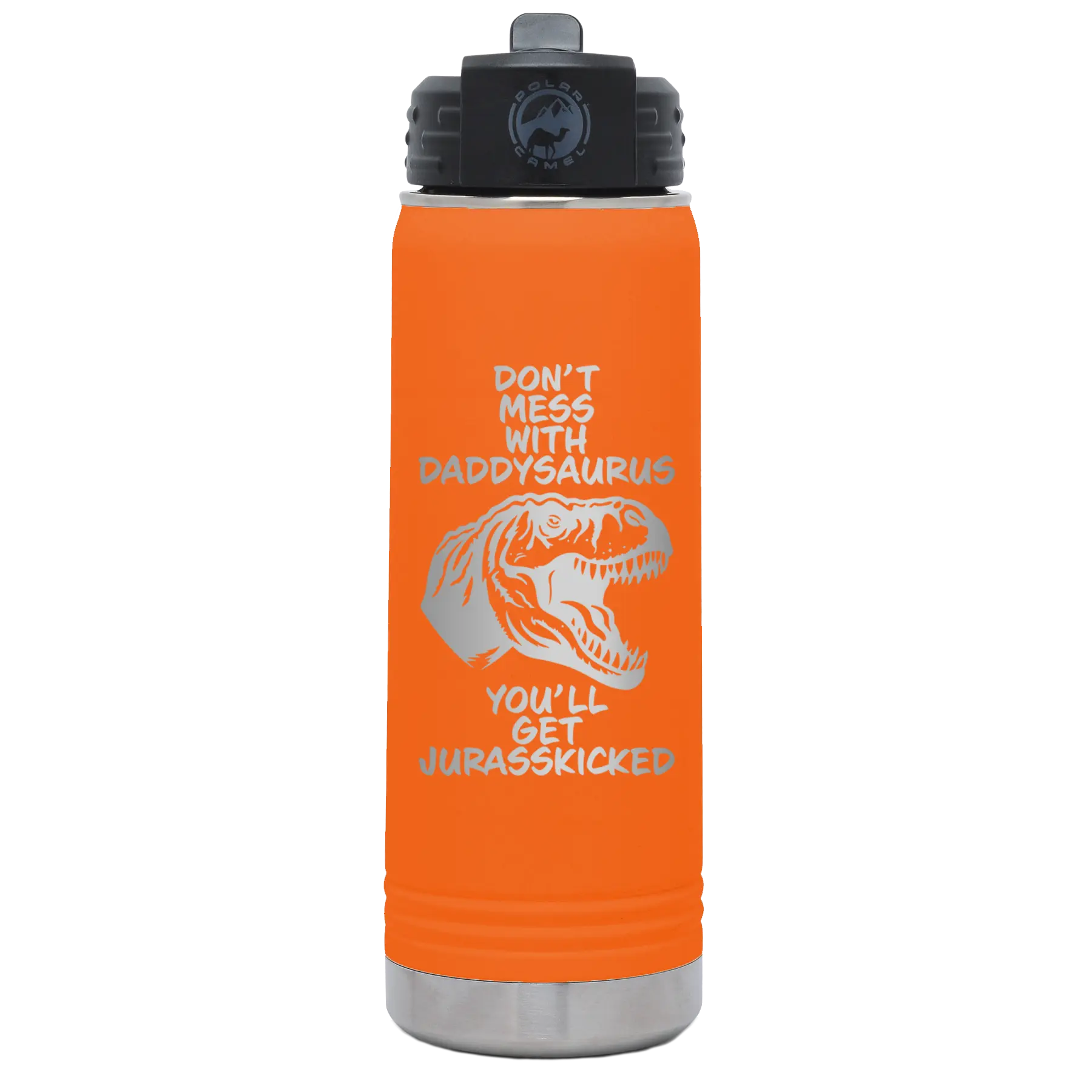 Laser etched orange 20 oz vacuum insulated water bottle with 'Daddysaurus' design