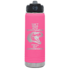 Laser etched pink 20 oz vacuum insulated water bottle with 'Daddysaurus' design