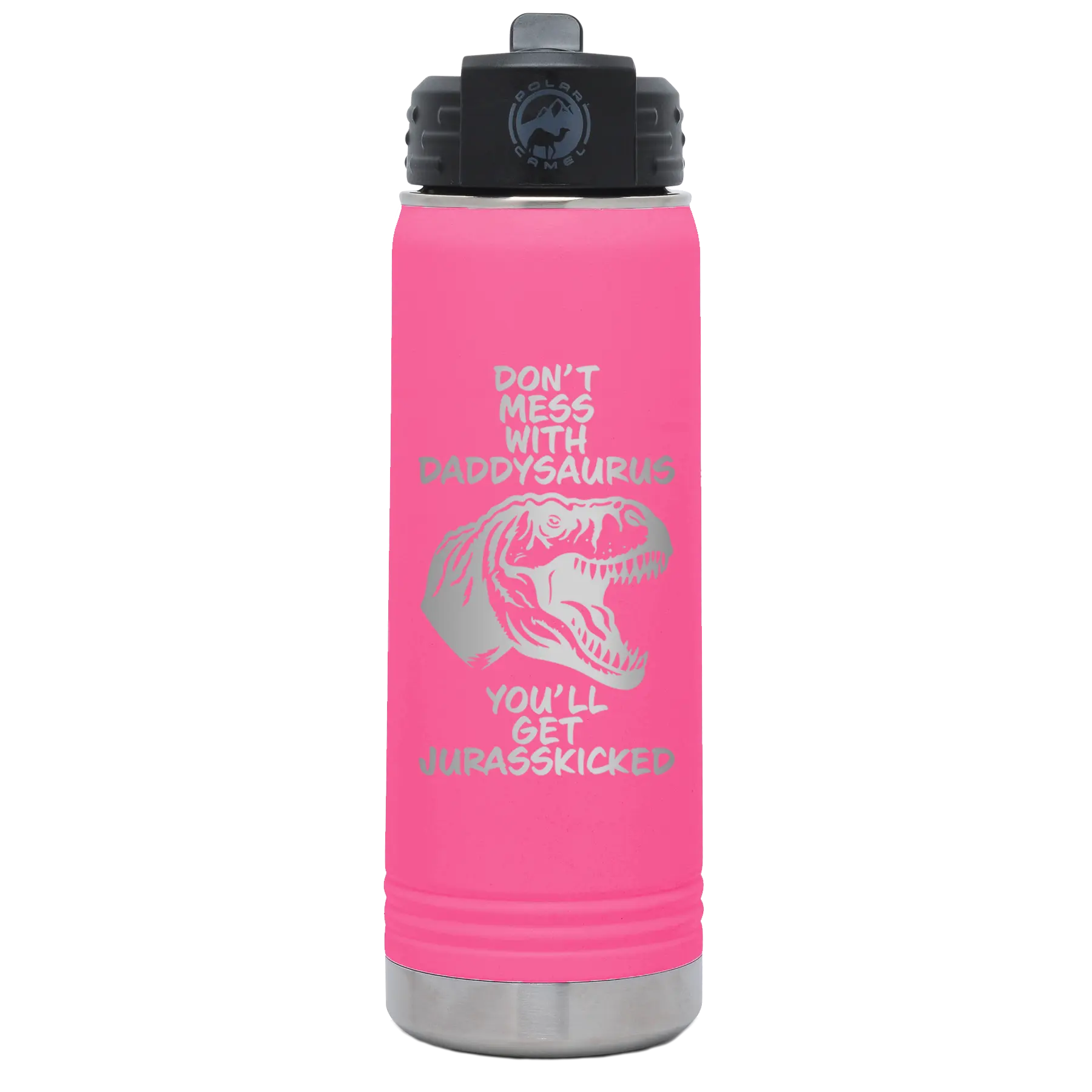 Laser etched pink 20 oz vacuum insulated water bottle with 'Daddysaurus' design