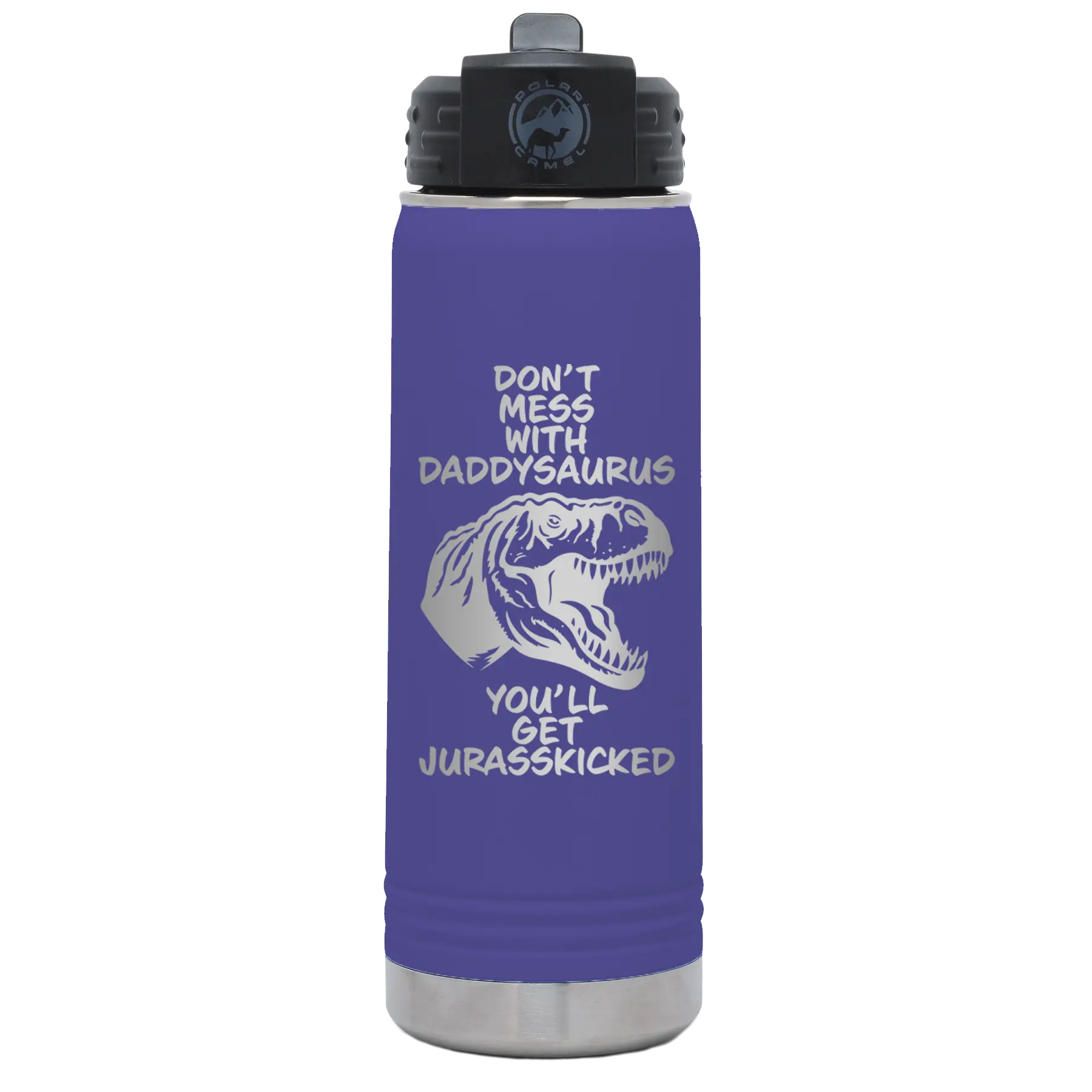 Laser etched purple 20 oz vacuum insulated water bottle with 'Daddysaurus' design