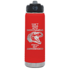 Laser etched red 20 oz vacuum insulated water bottle with 'Daddysaurus' design