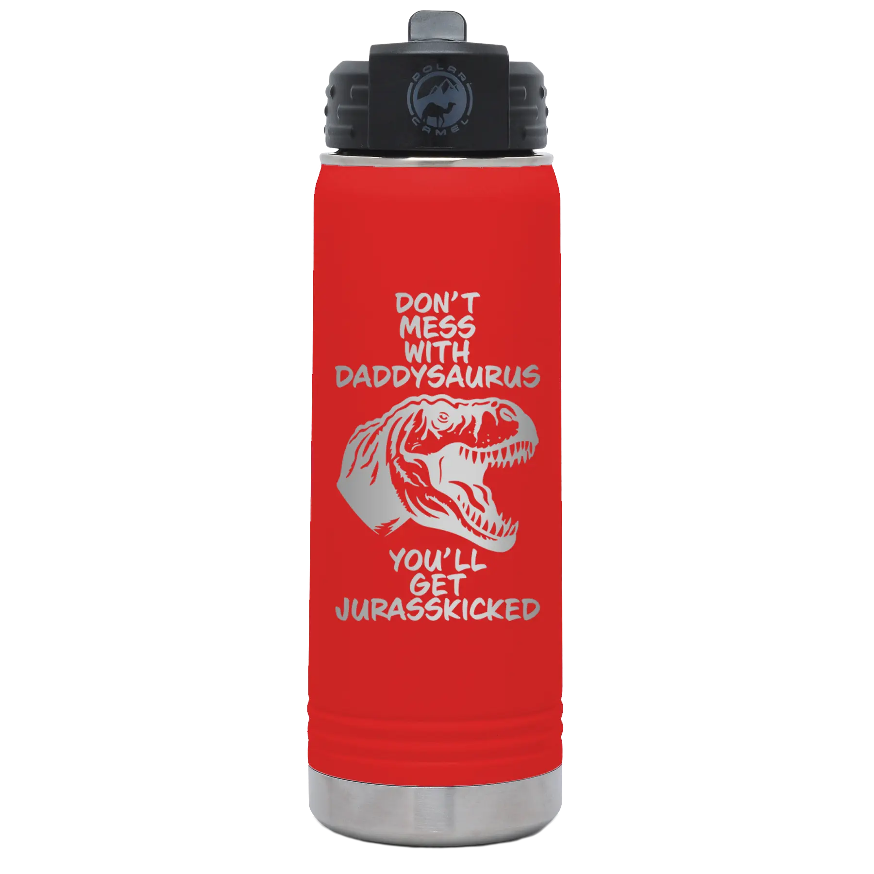 Laser etched red 20 oz vacuum insulated water bottle with 'Daddysaurus' design