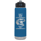 Laser etched royal blue 20 oz vacuum insulated water bottle with 'Daddysaurus' design