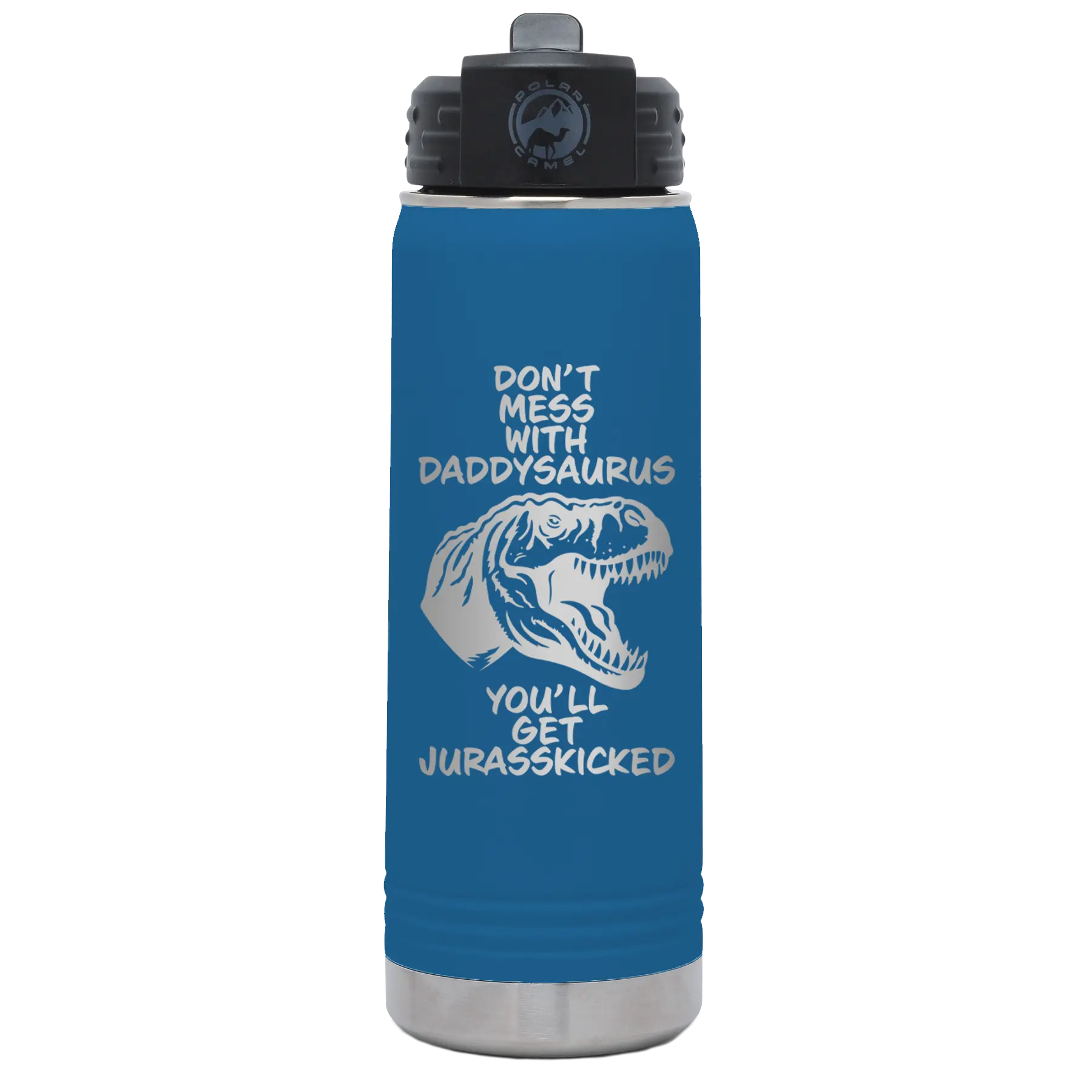 Laser etched royal blue 20 oz vacuum insulated water bottle with 'Daddysaurus' design