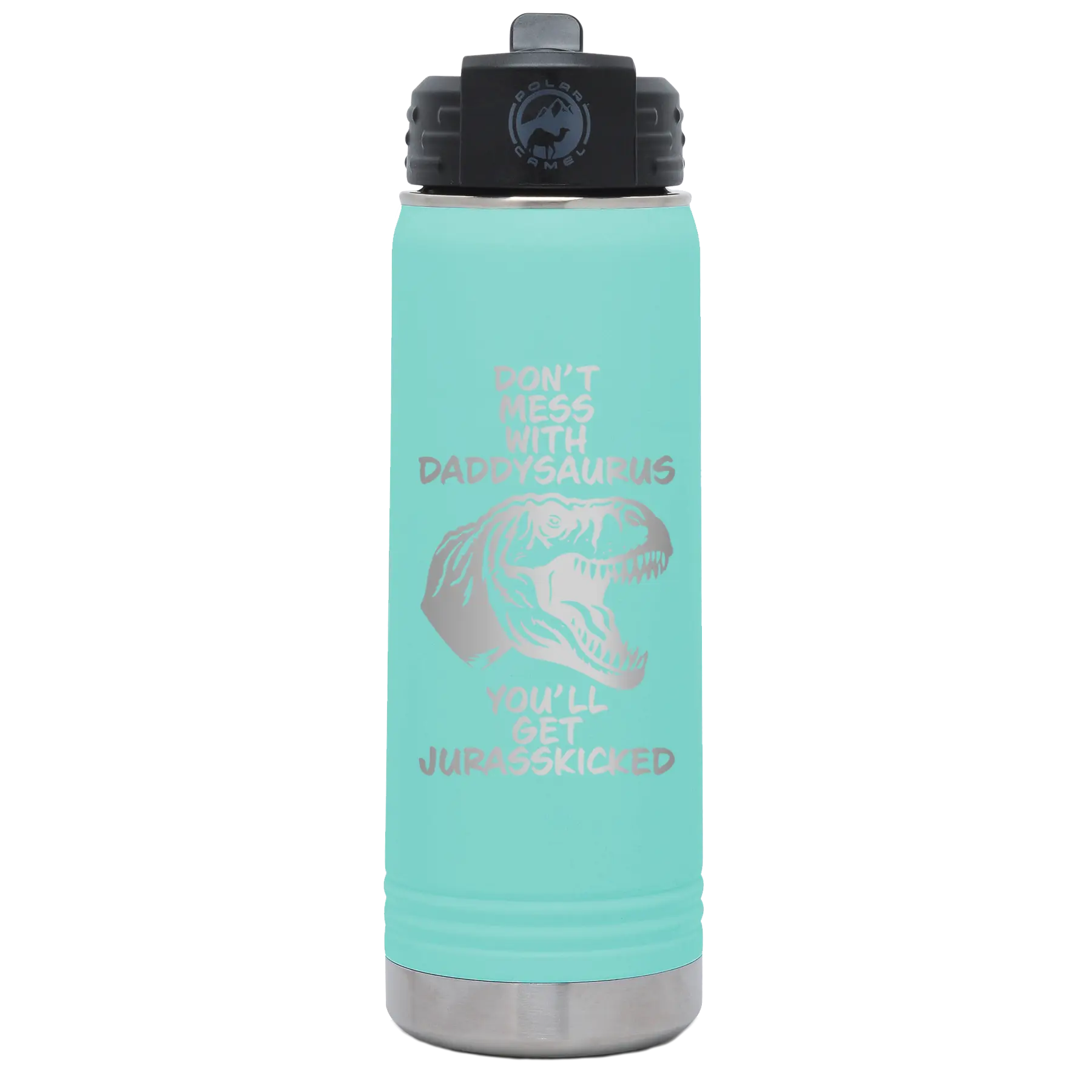 Laser etched teal 20 oz vacuum insulated water bottle with 'Daddysaurus' design