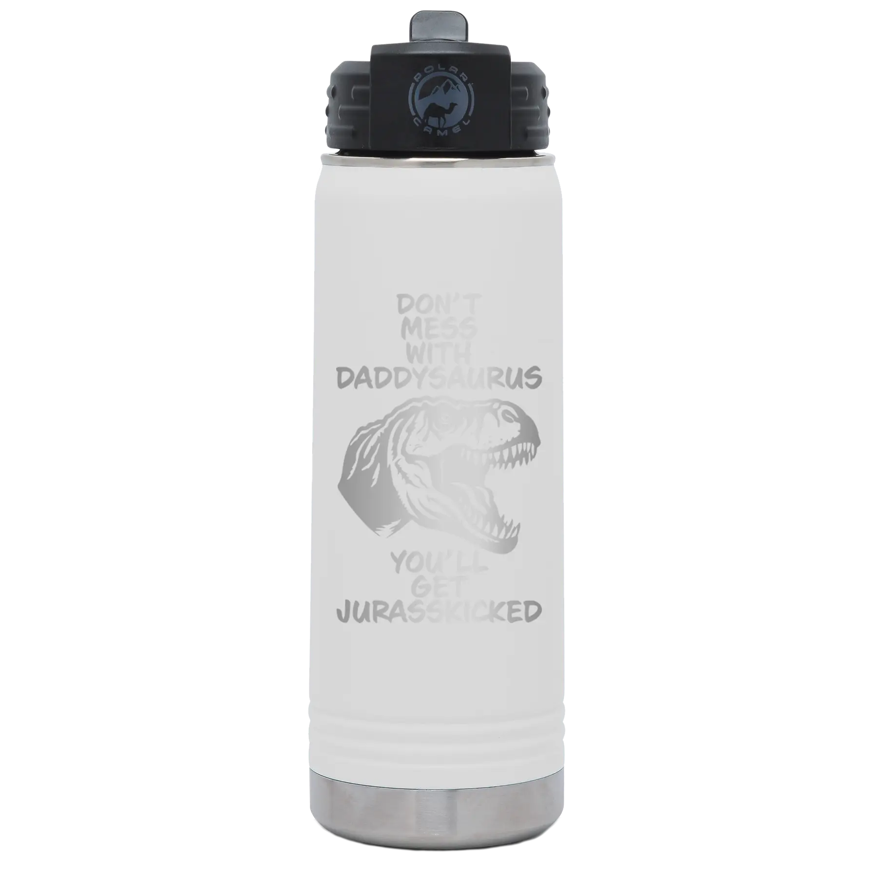 Laser etched white 20 oz vacuum insulated water bottle with 'Daddysaurus' design