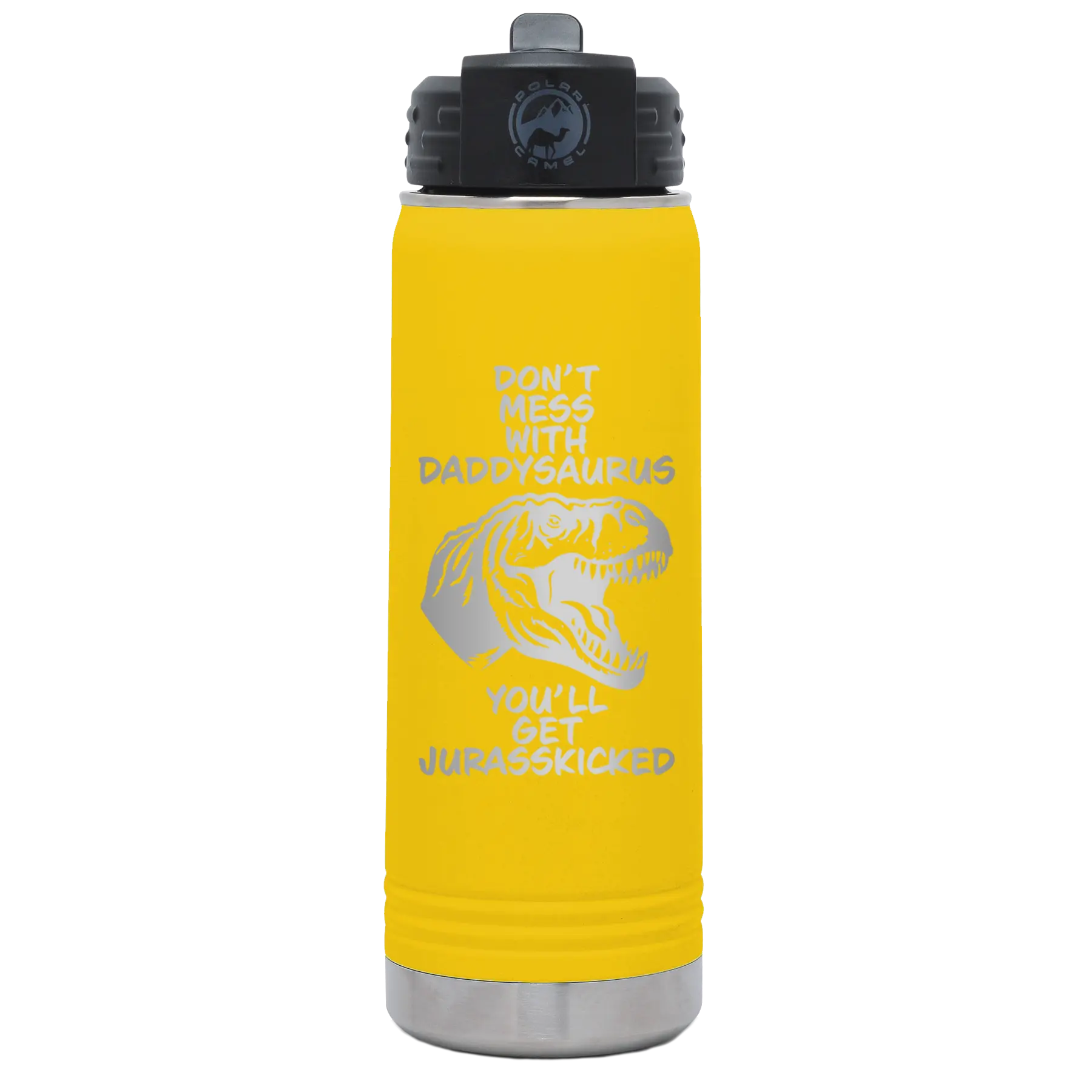 Laser etched yellow 20 oz vacuum insulated water bottle with 'Daddysaurus' design