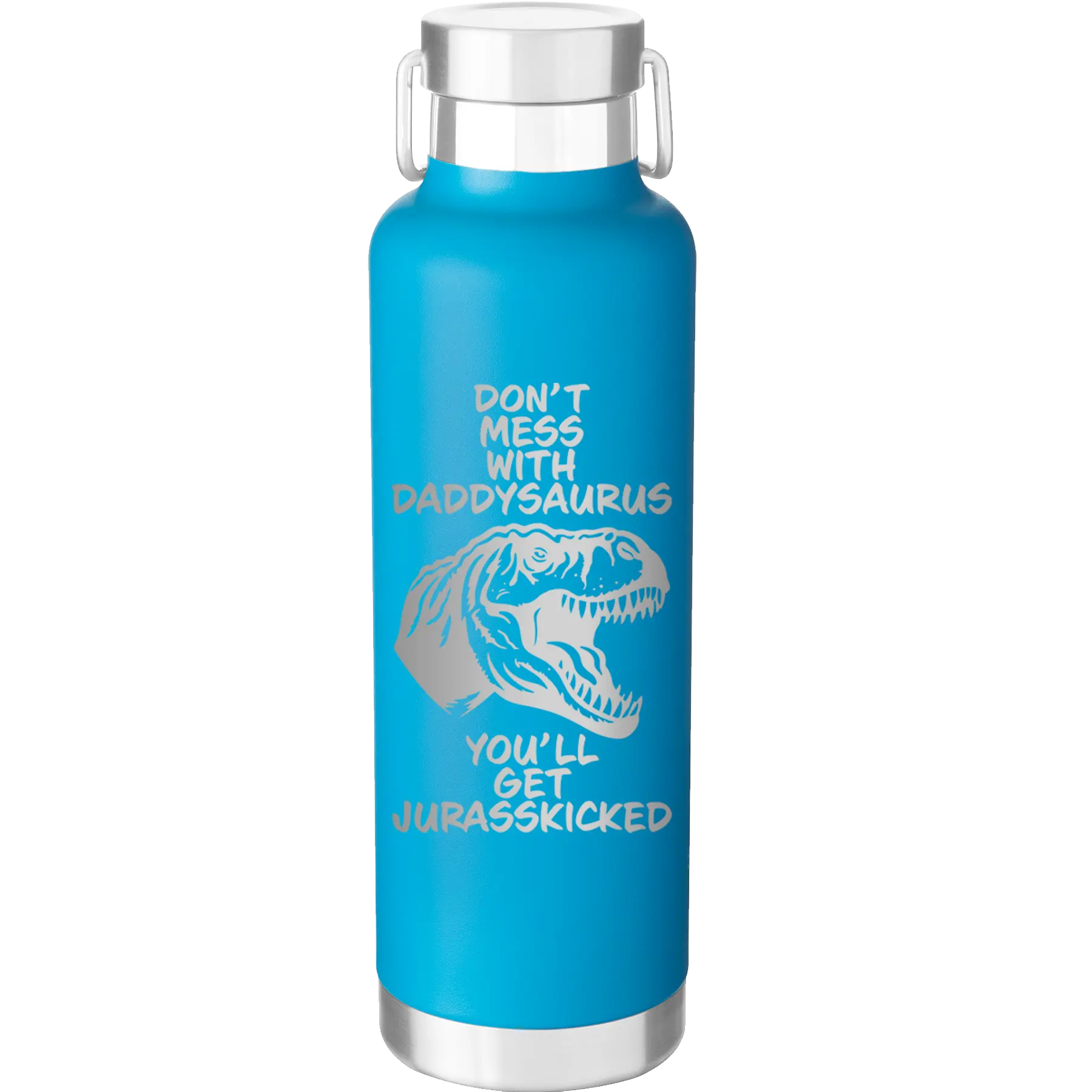 Laser etched aqua 24 oz vacuum insulated water bottle with 'Daddysaurus' design