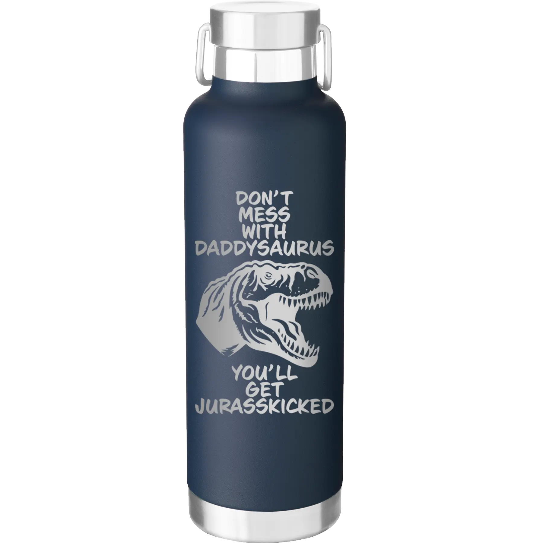 Laser etched navy 24 oz vacuum insulated water bottle with 'Daddysaurus' design