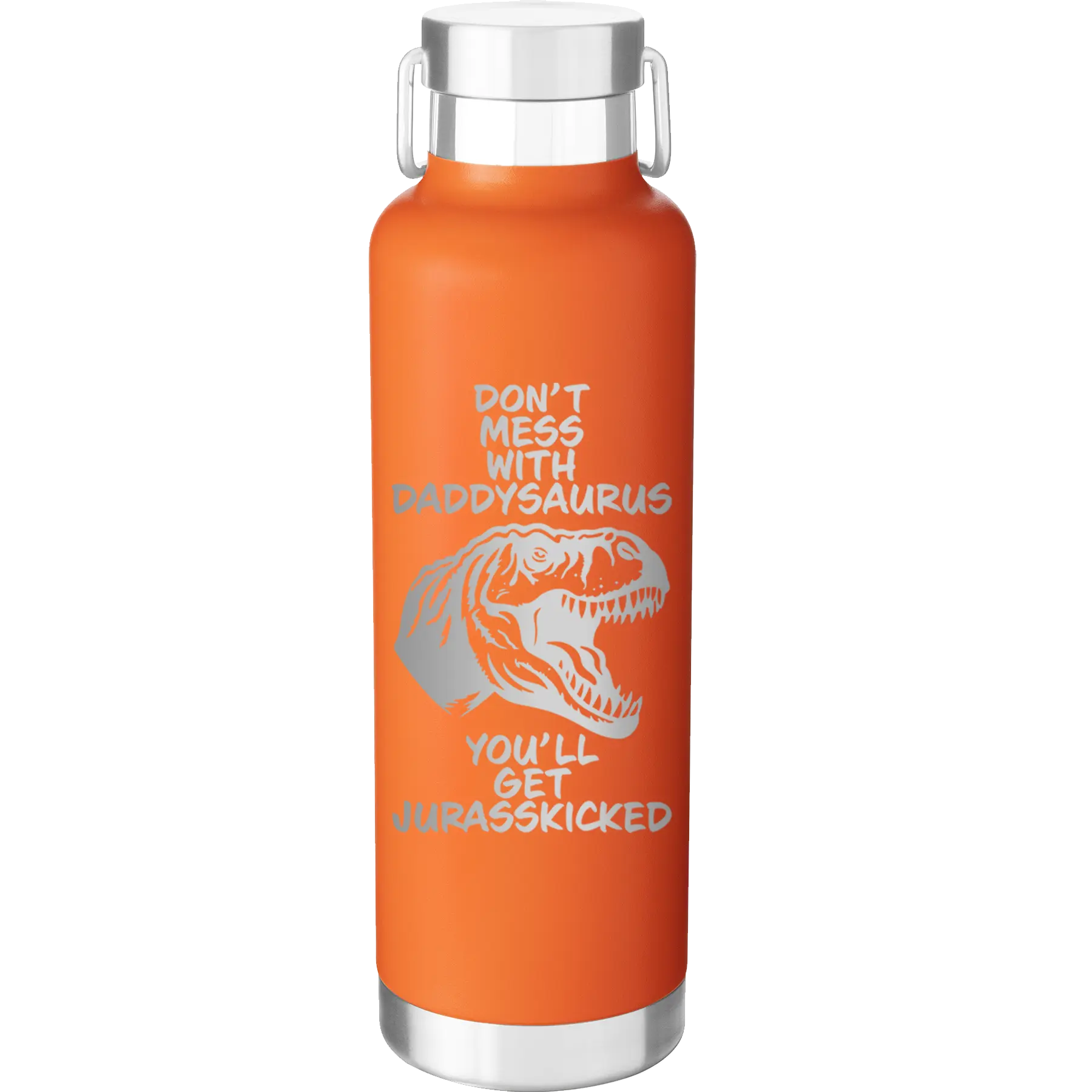Laser etched orange 24 oz vacuum insulated water bottle with 'Daddysaurus' design