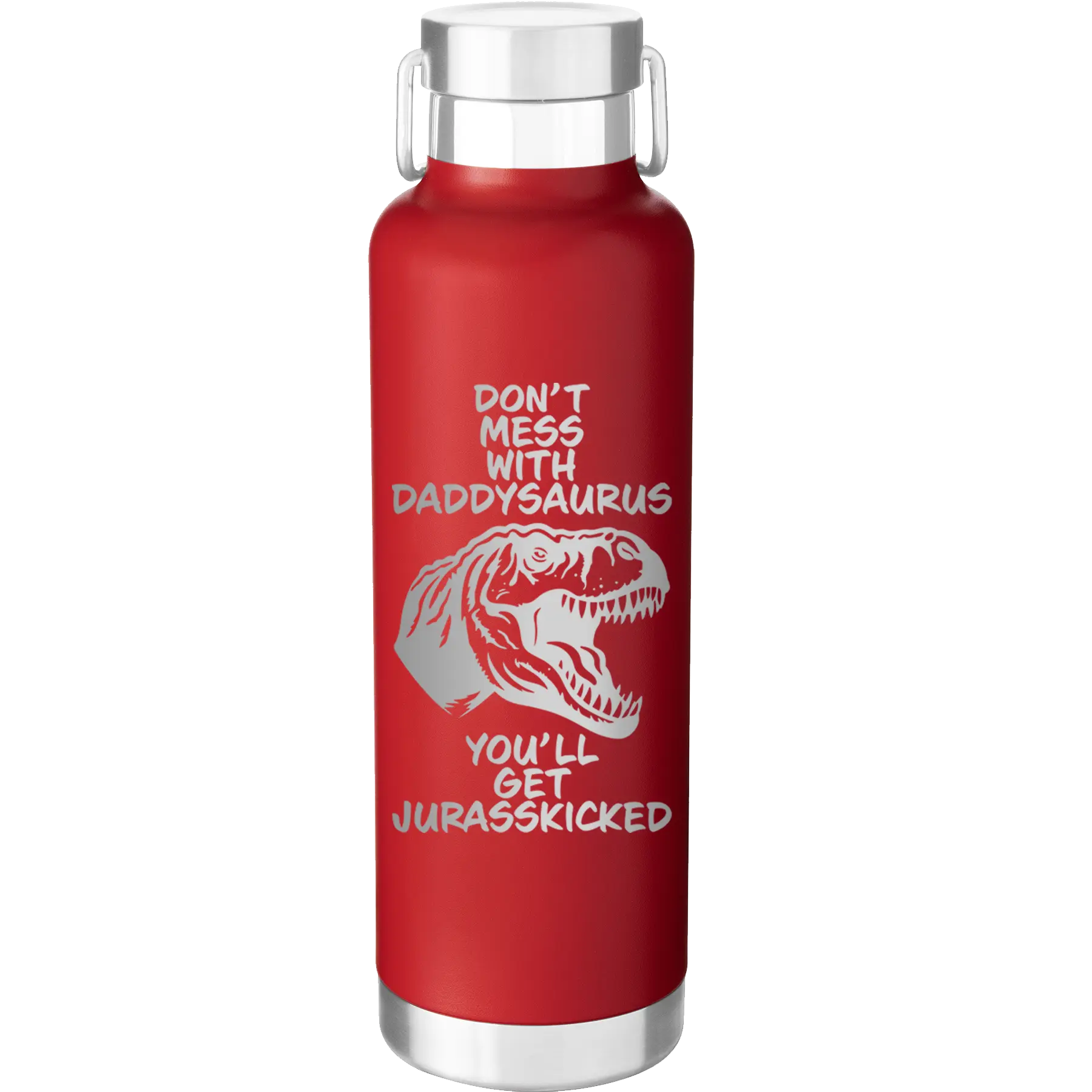 Laser etched red 24 oz vacuum insulated water bottle with 'Daddysaurus' design