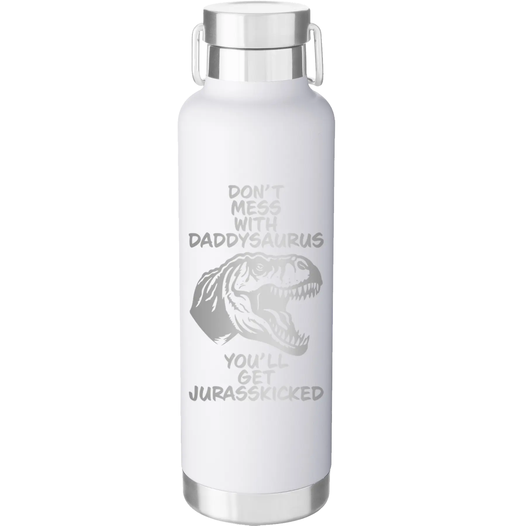 Laser etched white 24 oz vacuum insulated water bottle with 'Daddysaurus' design