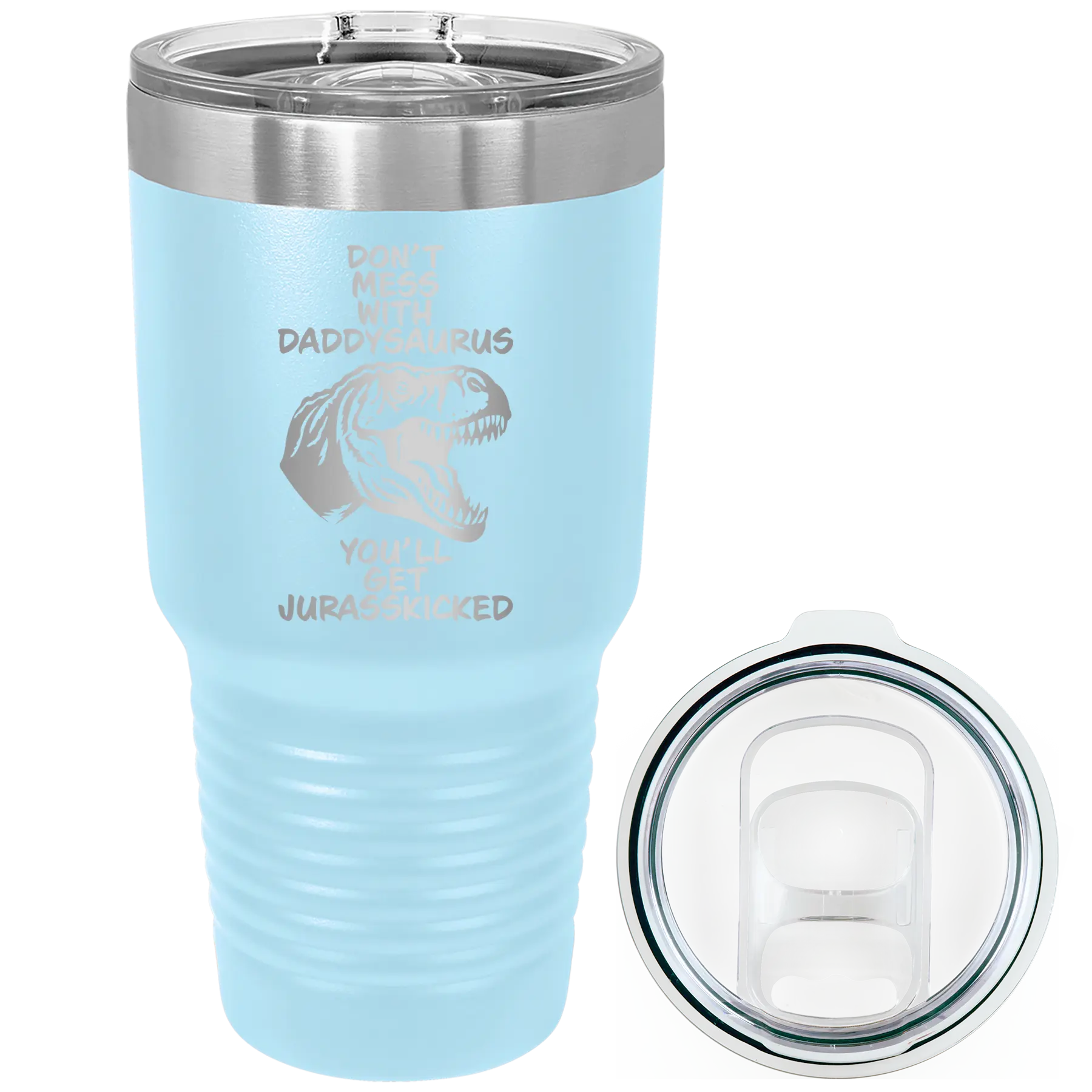 Laser etched light blue 30 oz vacuum insulated tumbler with 'Daddysaurus' design