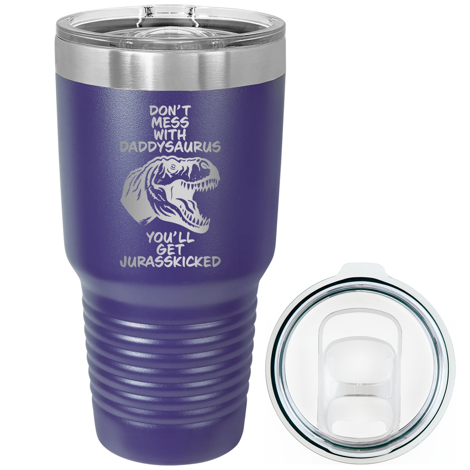 Laser etched purple 30 oz vacuum insulated tumbler with 'Daddysaurus' design