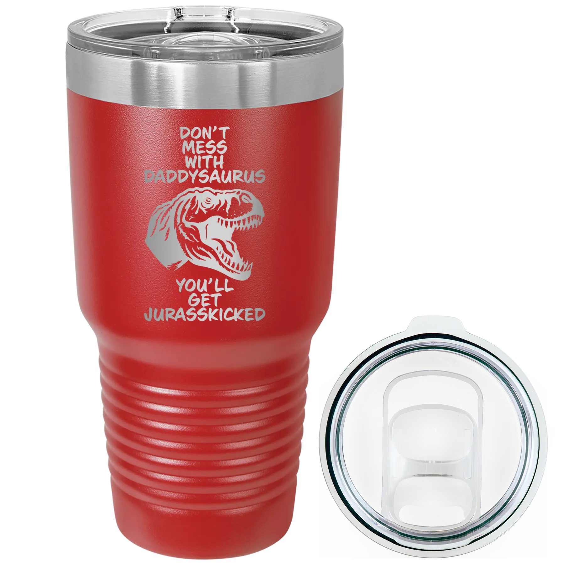 Laser etched red 30 oz vacuum insulated tumbler with 'Daddysaurus' design