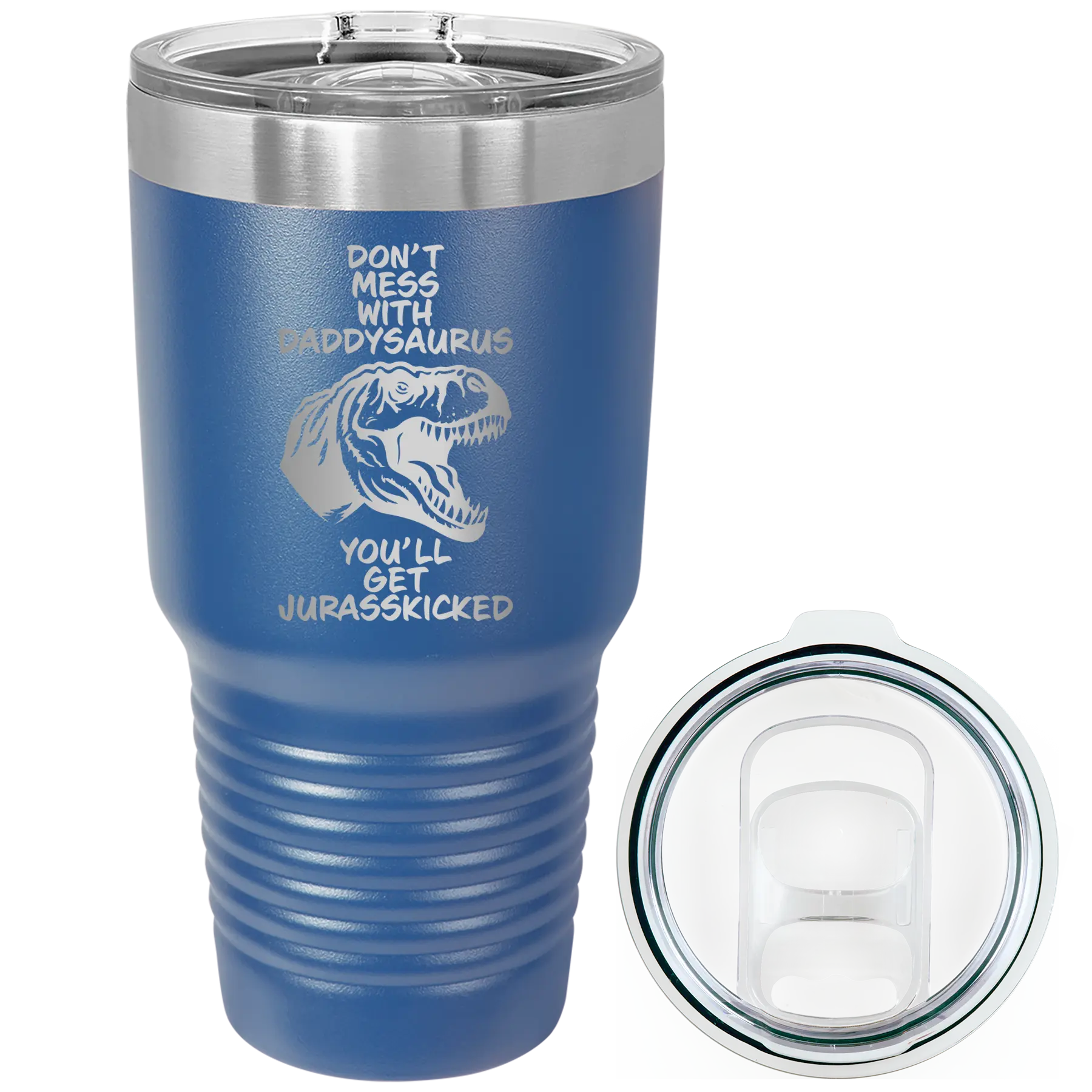 Laser etched royal blue 30 oz vacuum insulated tumbler with 'Daddysaurus' design