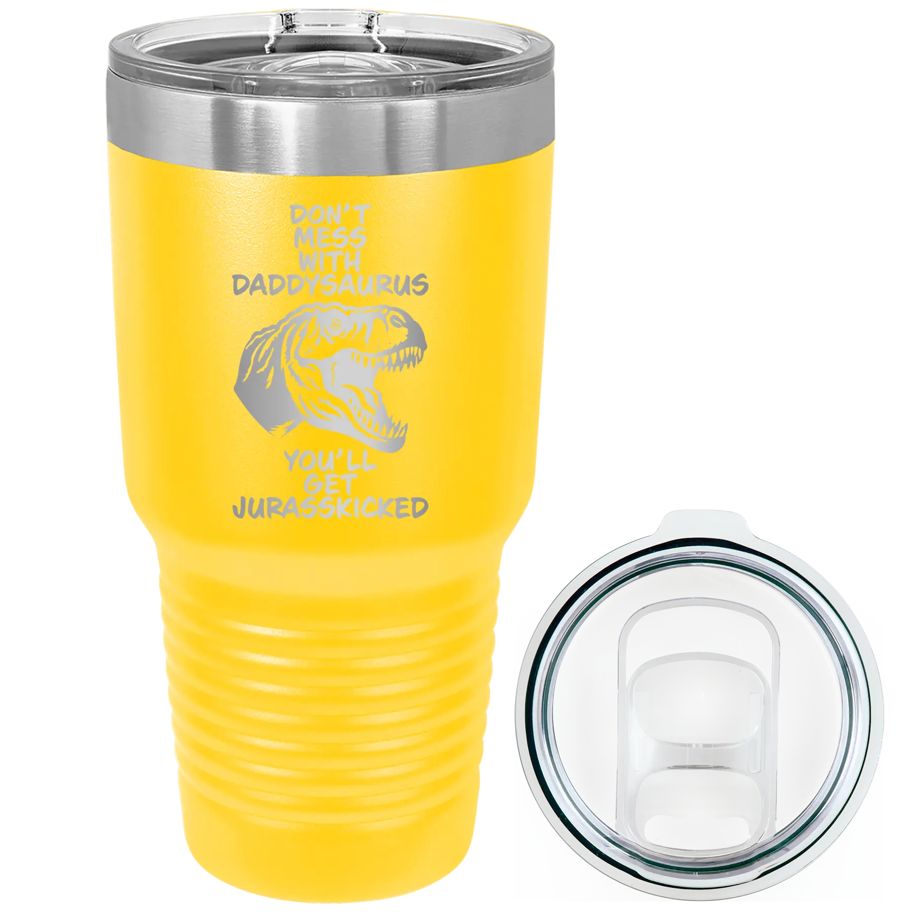 Laser etched yellow 30 oz vacuum insulated tumbler with 'Daddysaurus' design