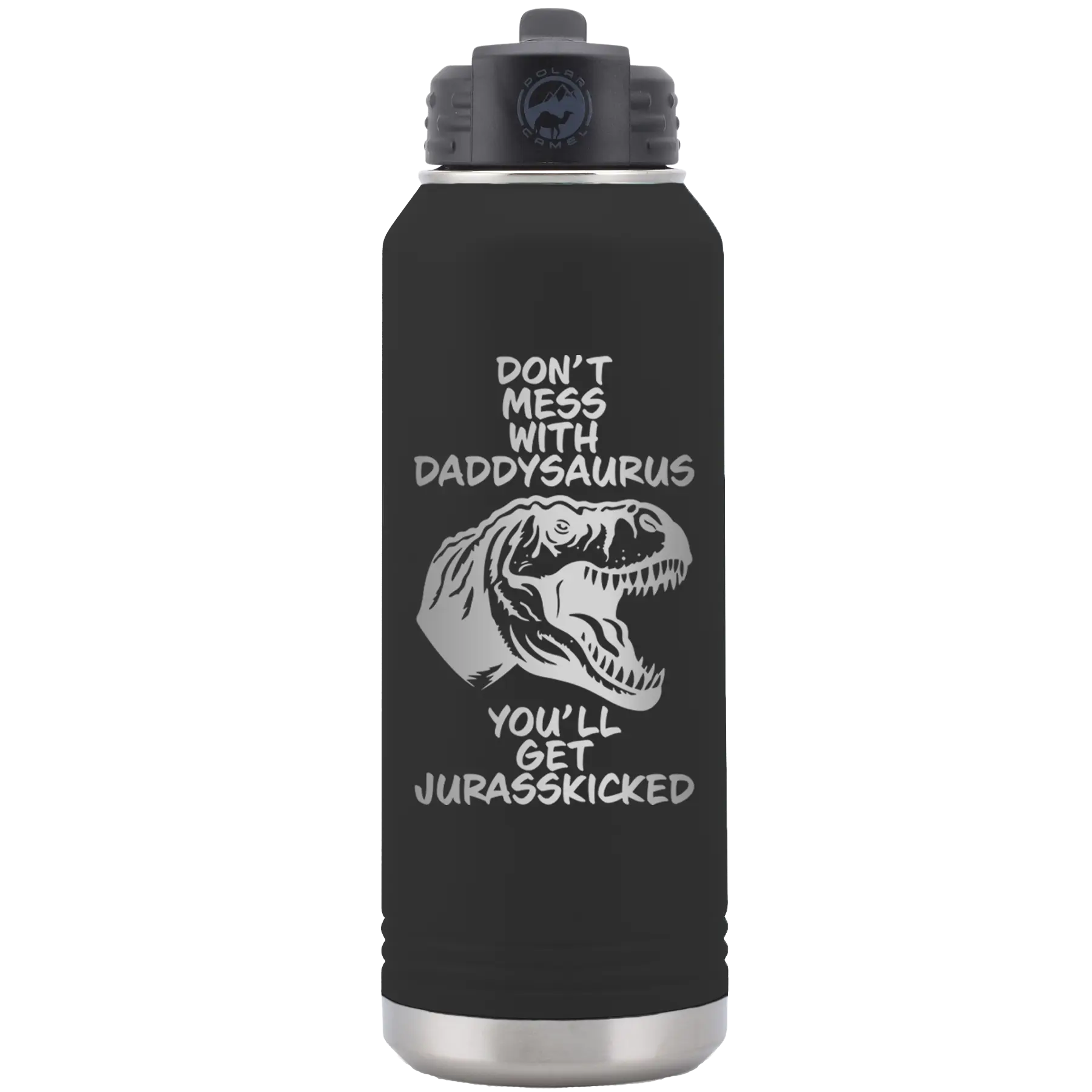 Laser etched black 32 oz vacuum insulated water bottle with 'Daddysaurus' design