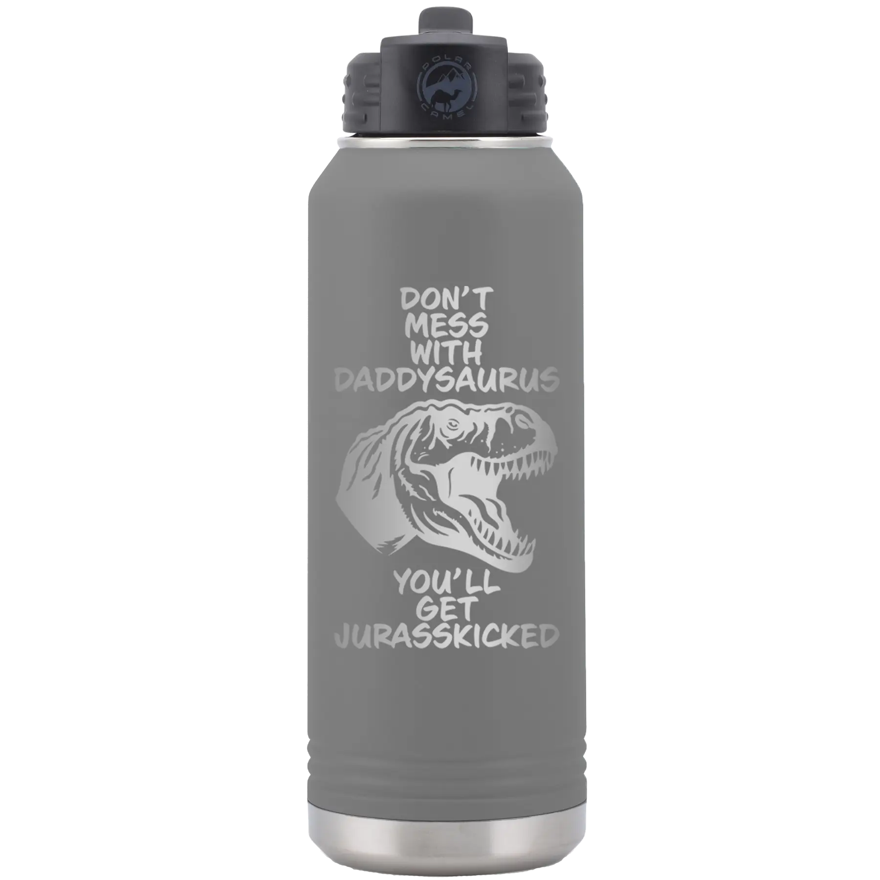 Laser etched dark gray 32 oz vacuum insulated water bottle with 'Daddysaurus' design
