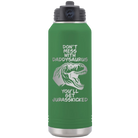 Laser etched green 32 oz vacuum insulated water bottle with 'Daddysaurus' design
