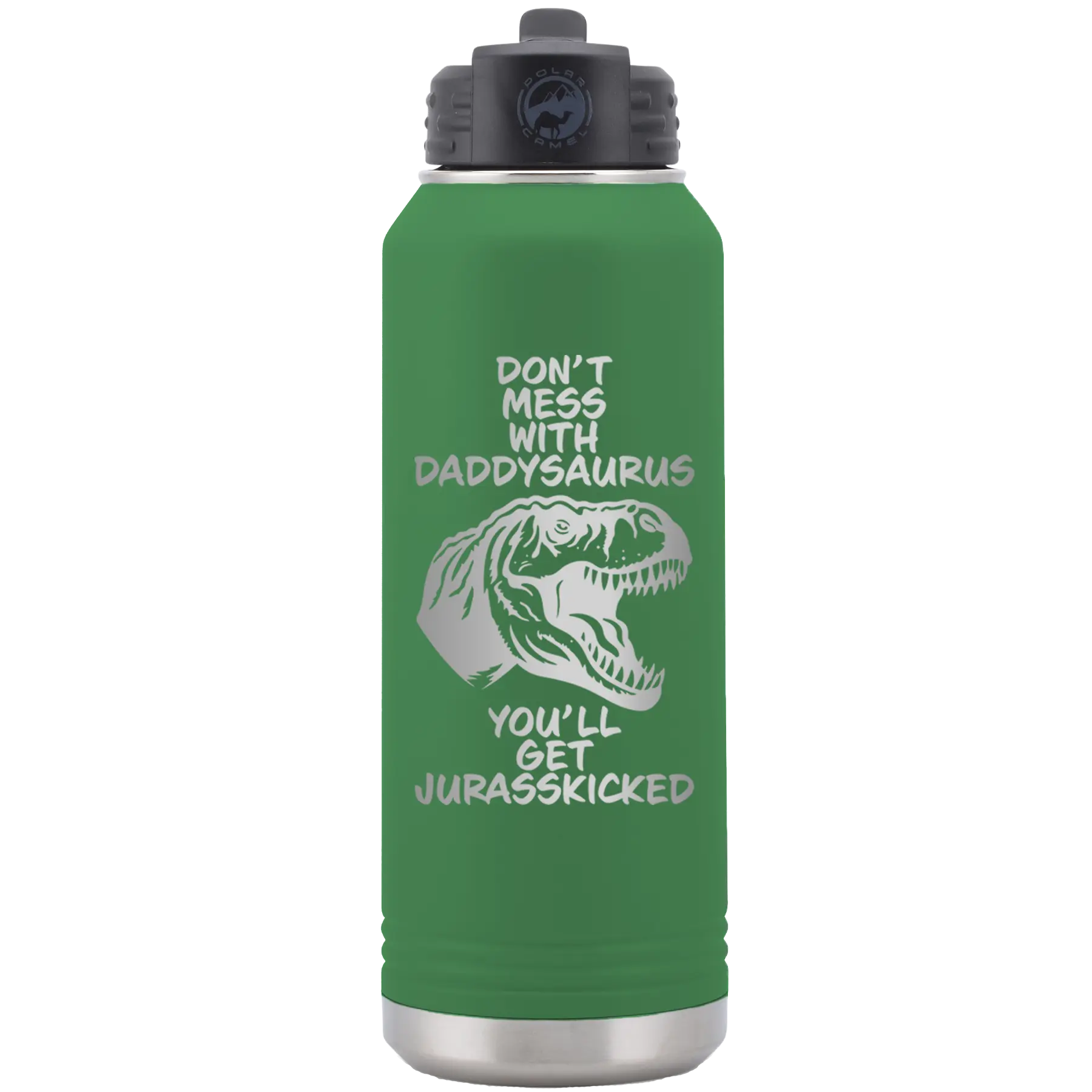 Laser etched green 32 oz vacuum insulated water bottle with 'Daddysaurus' design