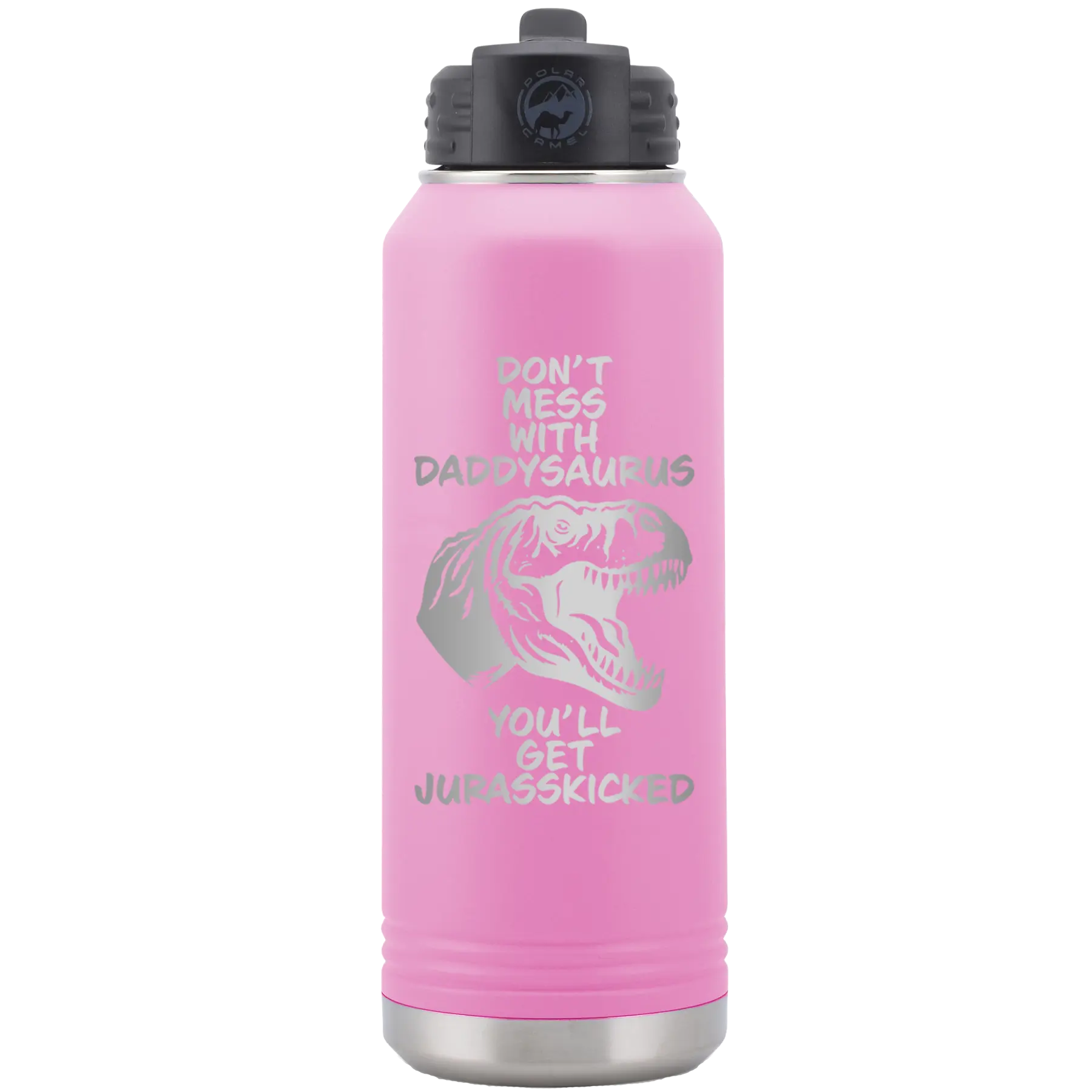 Laser etched light purple 32 oz vacuum insulated water bottle with 'Daddysaurus' design