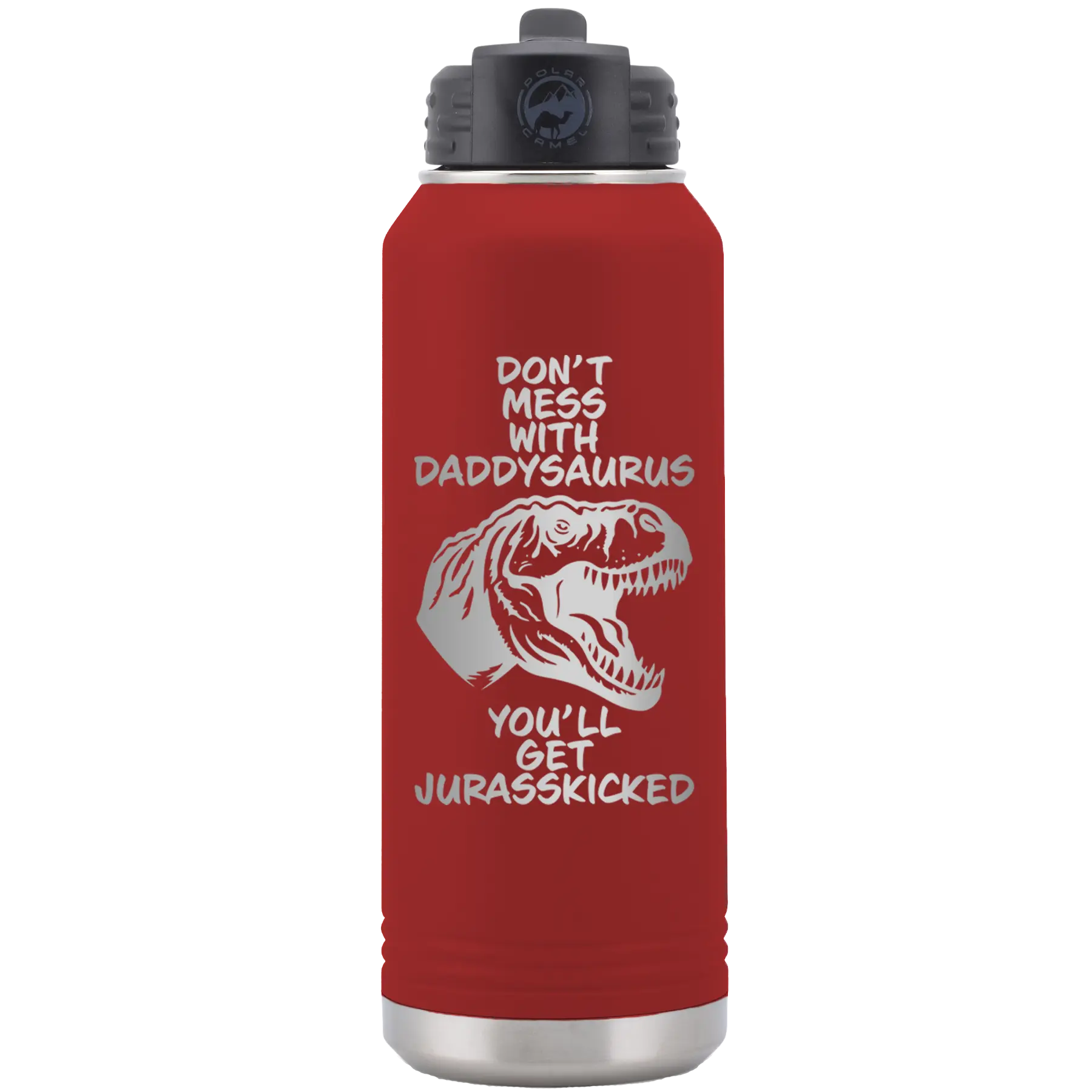 Laser etched maroon 32 oz vacuum insulated water bottle with 'Daddysaurus' design