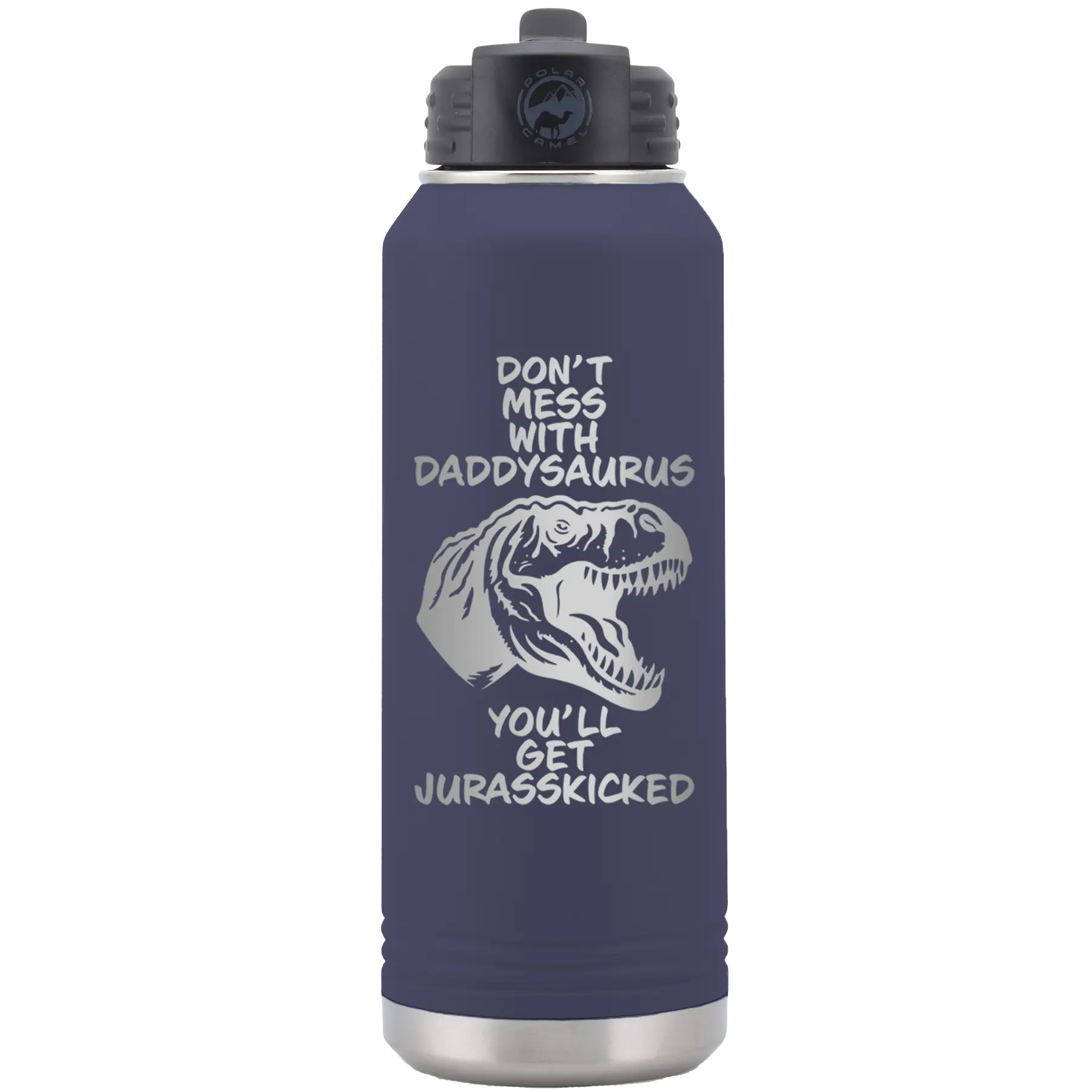 Laser etched navy 32 oz vacuum insulated water bottle with 'Daddysaurus' design