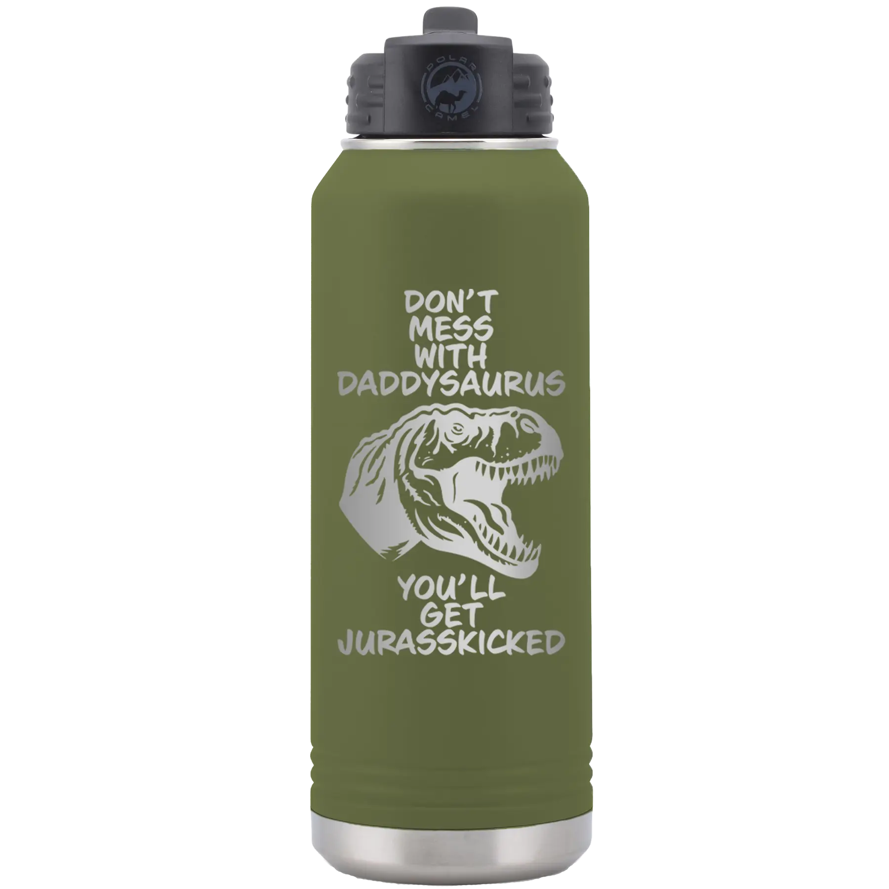 Laser etched olive green 32 oz vacuum insulated water bottle with 'Daddysaurus' design