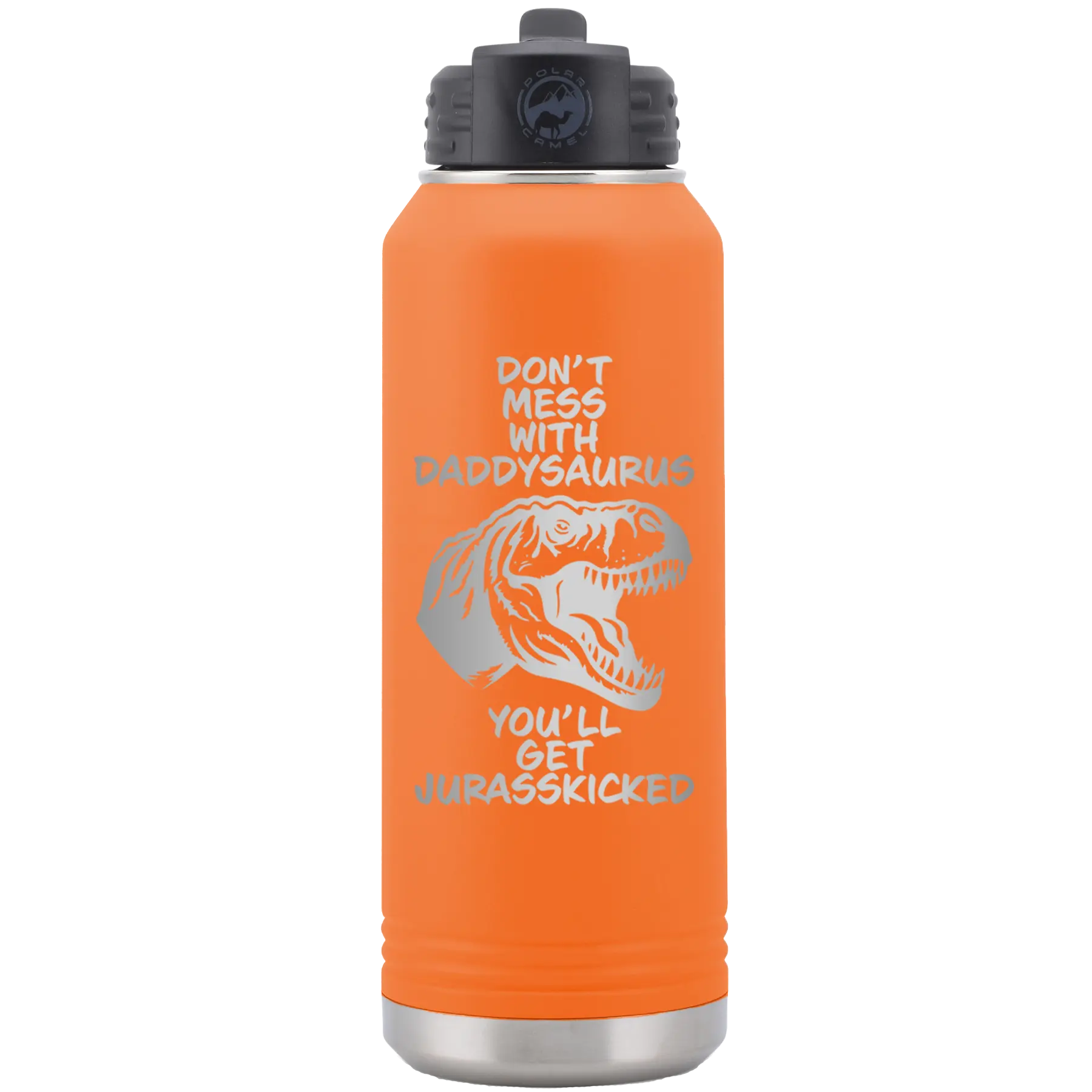 Laser etched orange 32 oz vacuum insulated water bottle with 'Daddysaurus' design