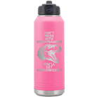 Laser etched pink 32 oz vacuum insulated water bottle with 'Daddysaurus' design