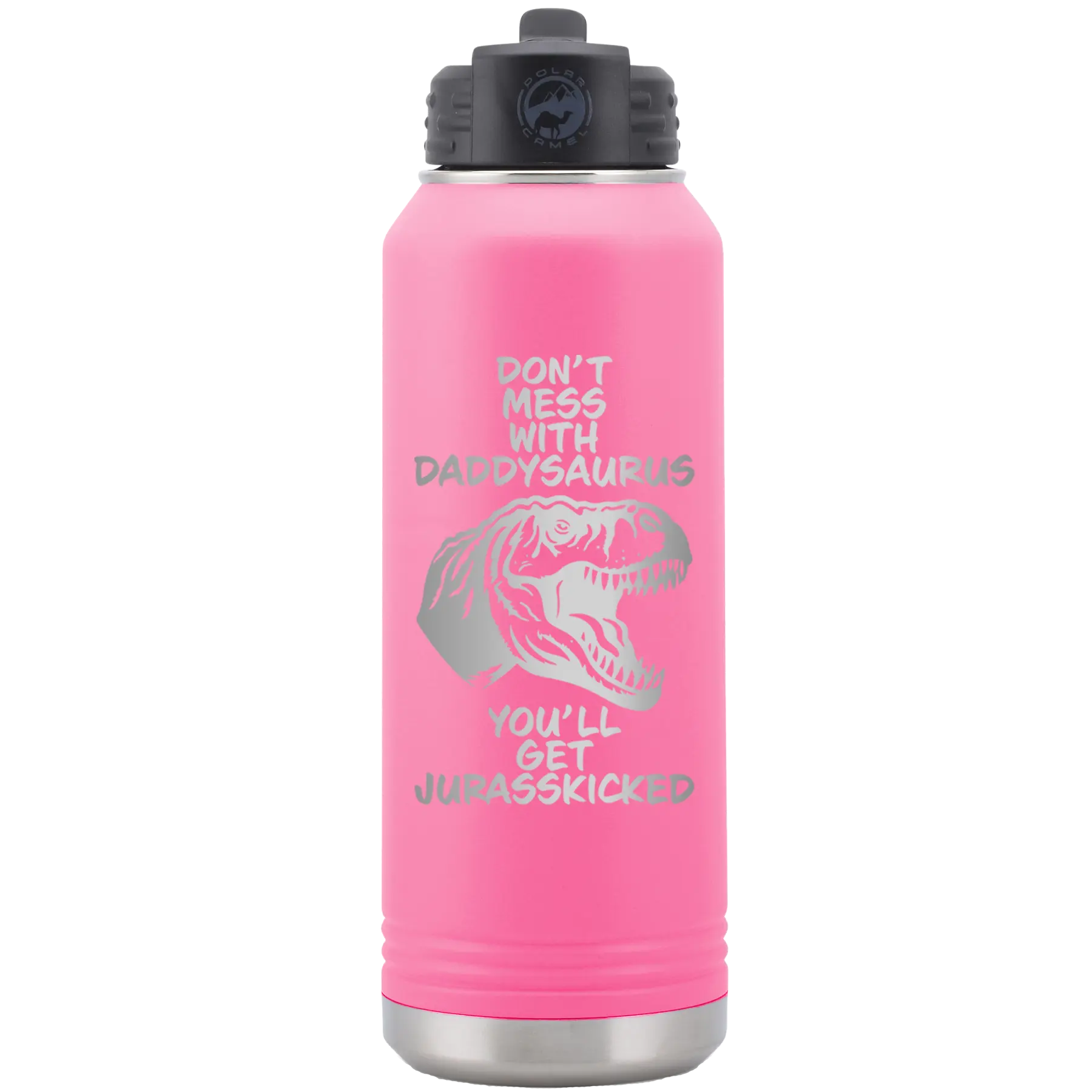 Laser etched pink 32 oz vacuum insulated water bottle with 'Daddysaurus' design