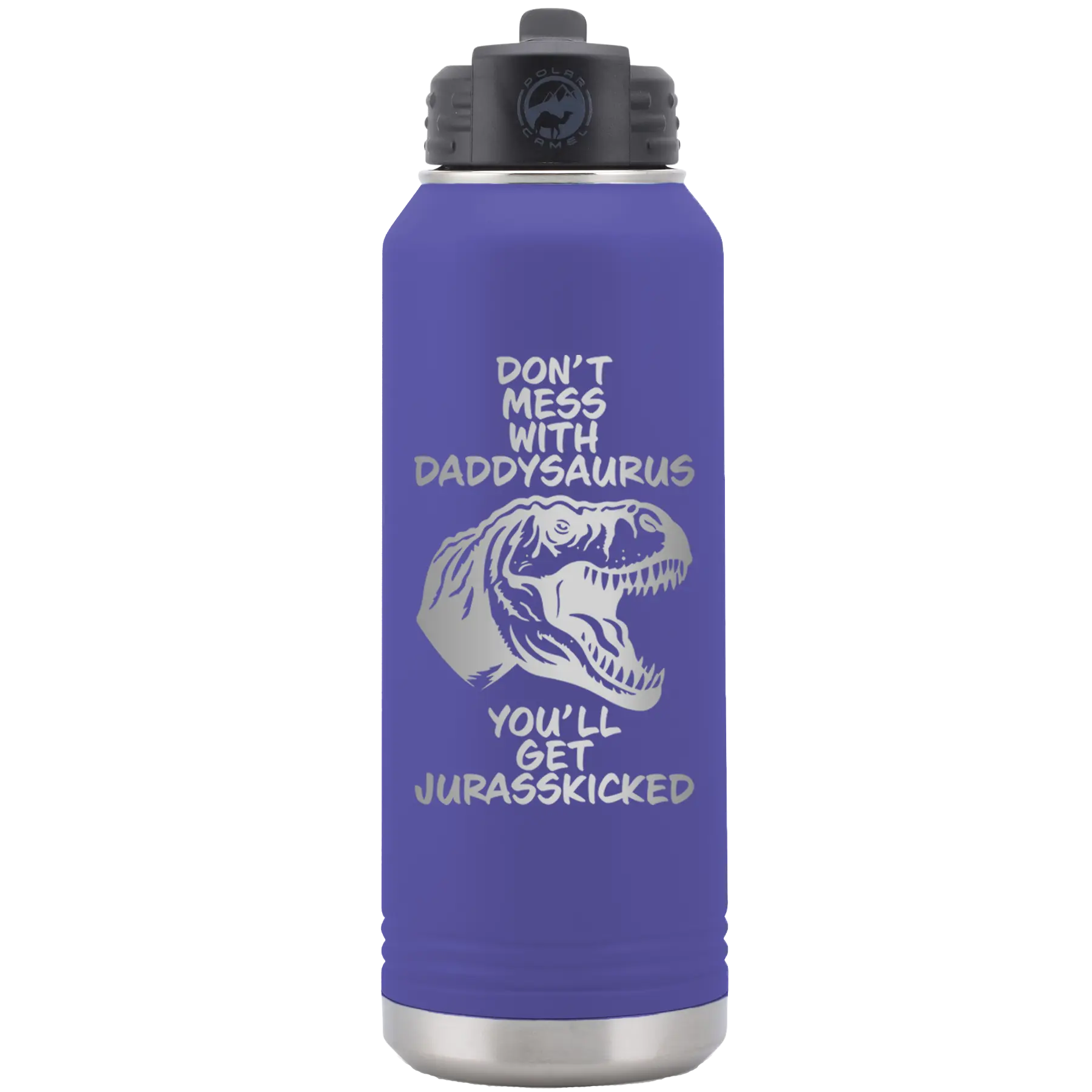 Laser etched purple 32 oz vacuum insulated water bottle with 'Daddysaurus' design