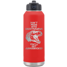 Laser etched red 32 oz vacuum insulated water bottle with 'Daddysaurus' design